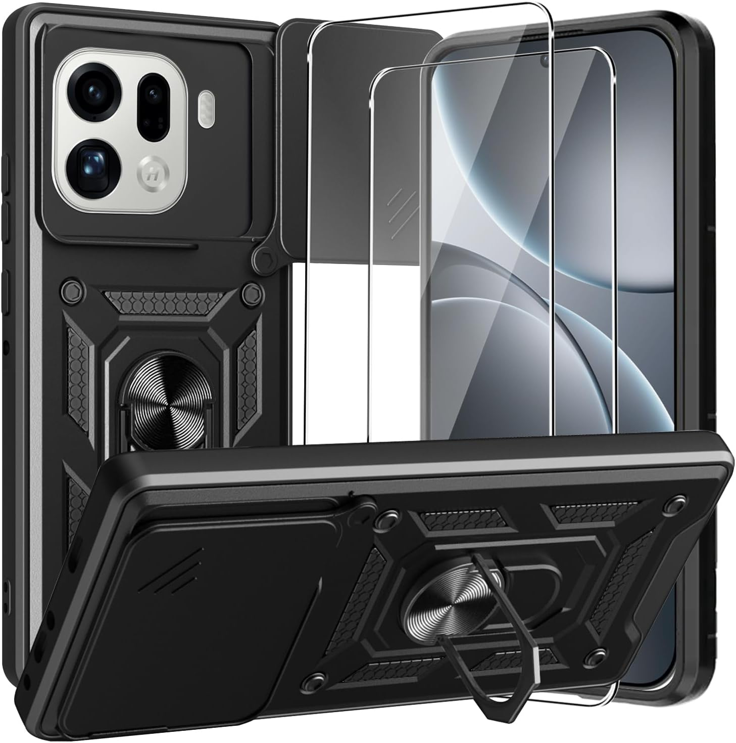 CONAPIKA Case for Oppo Find X9 Pro with 2 Tempered Glass, Heavy Duty Protective Cover Rotating Magnetic Car Bracket Camera Protection Sliding Cover Hybrid Soft Tpu+Hard PC Anti-Scratch Case,Black image number 2