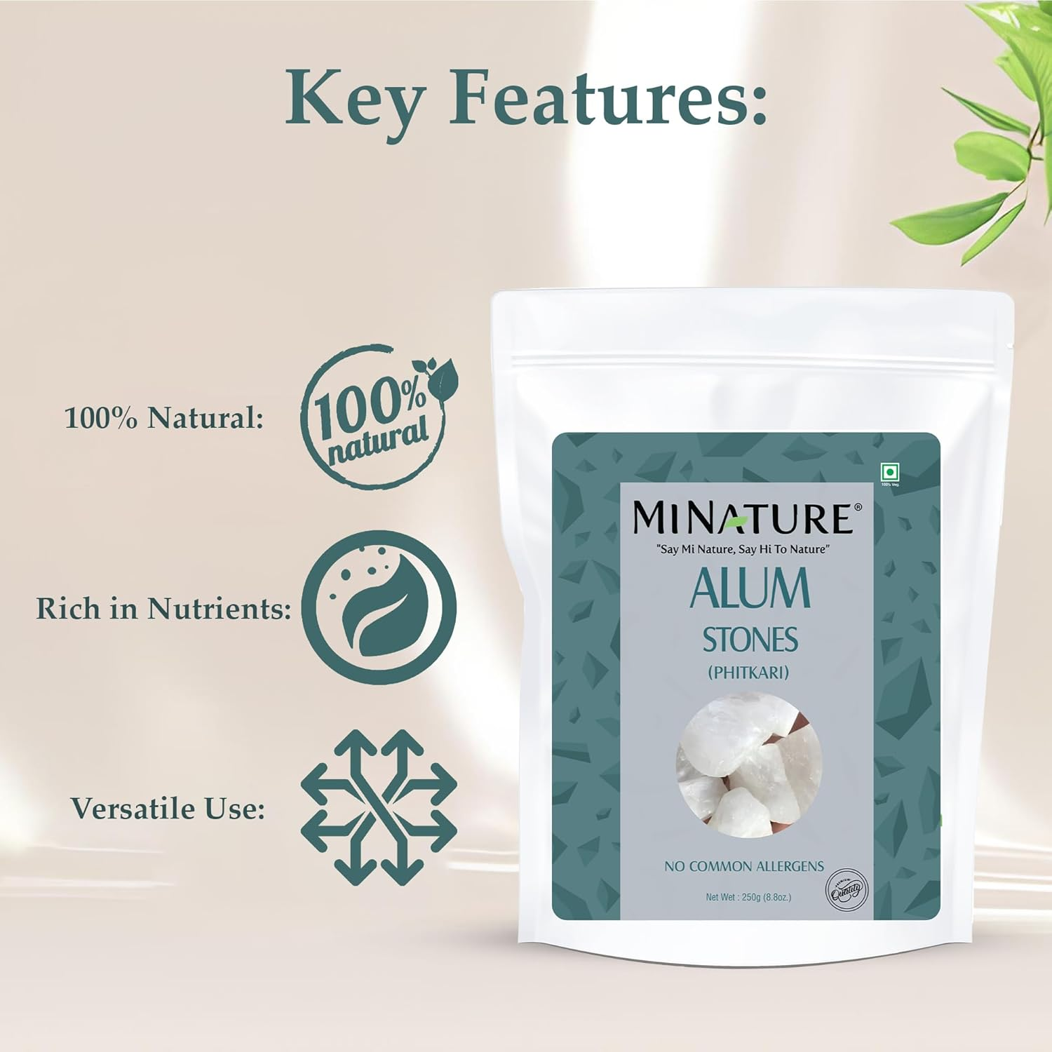 Alum Stone(Phitkari) by Mi Nature | for Skin Care | Water Purify| Pure Alum Stone (Potassium Alum) (Fitkari)|Cruelty Free | Post Shave Use| for Natural Deodrant | (250G)(8.8Oz) image number 1