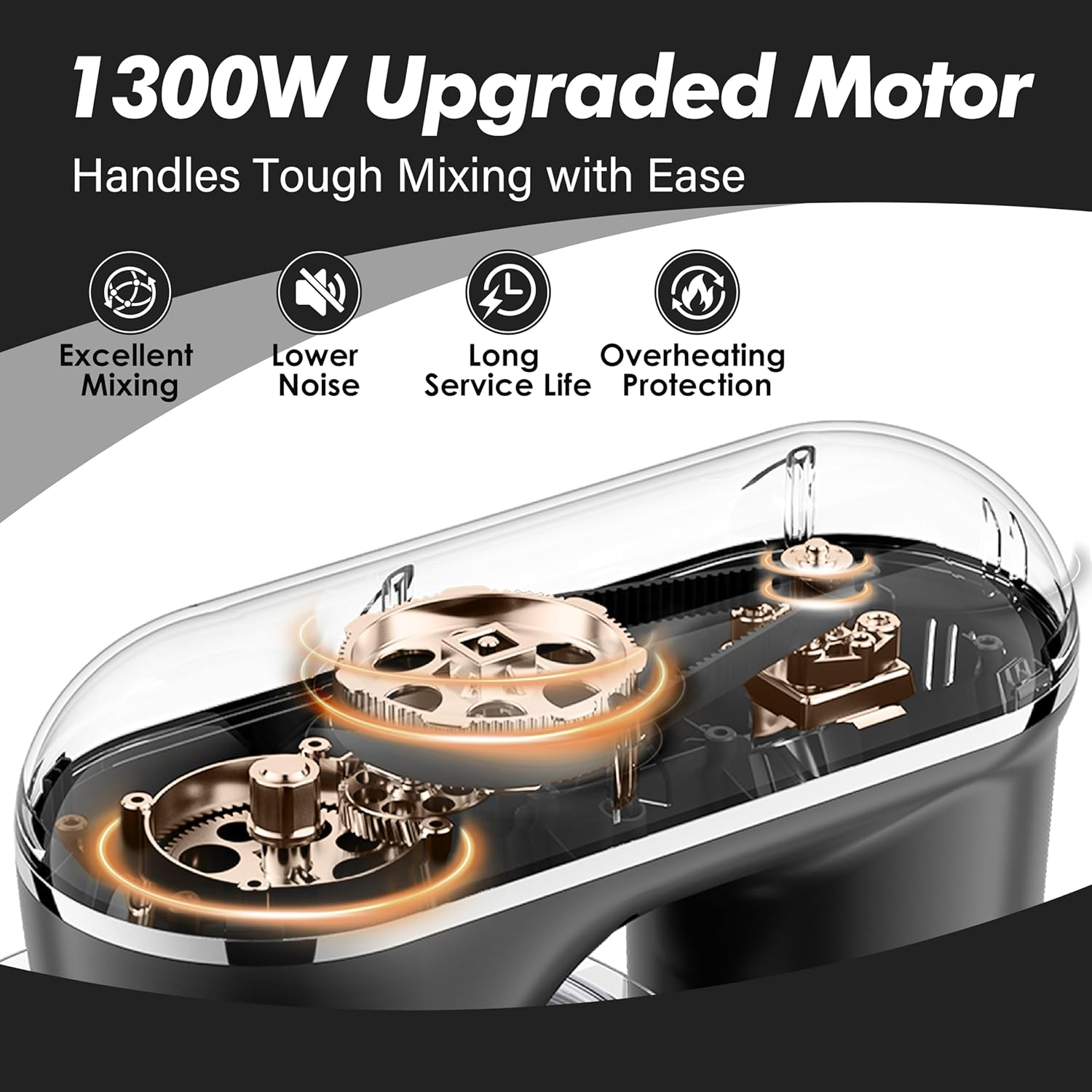 Kitchen in the Box Stand Mixer, 1300W 6L Kitchen Mixer for Home Baking, 10-Speed Tilt-Head Dough Mixer, Electric Mixer with Dough Hook, Beater and Whisk, Black image number 4