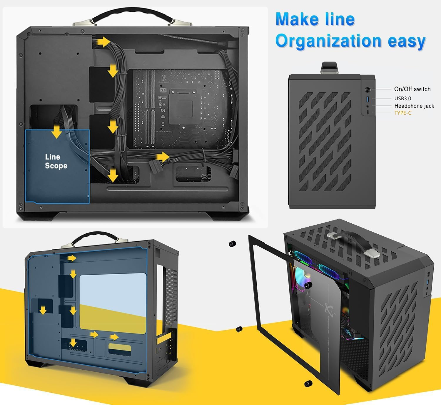 LIODUX Mini-Tower Case, Mini Portable ITX Computer Case, Full Side Glass Transparent DIY Desktop Case with Handle, Gaming PC Case 360Mm Radiator, Computer Tower Case - Fan Not Included (White) image number 4