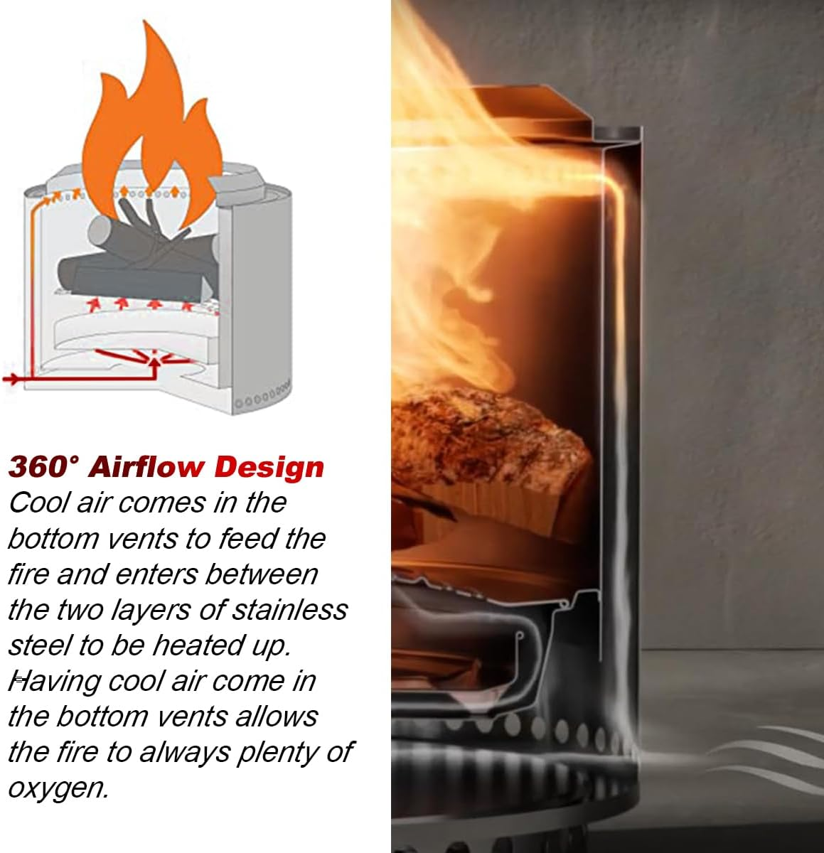 Tow Smokeless Fire Pit, 7Inch Wood Burning Fireplaces with Removable Ash Pan, Portable Outdoor Bonfire Firepit with Stand, Backyard, Patio & Camping, Stainless Steel, Easy to Setup (Stainless Steel) - Black image number 2