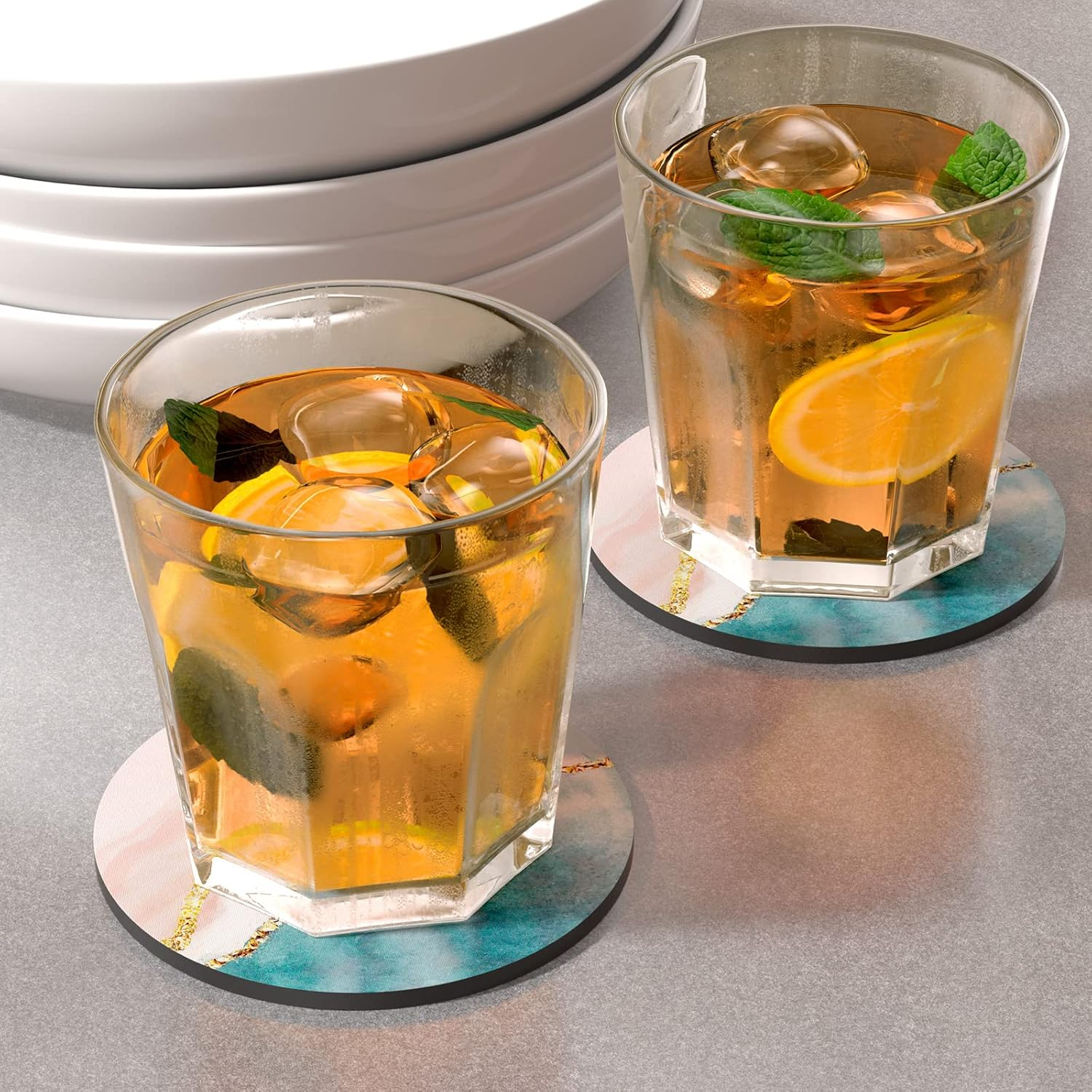 Nipichsha Coasters for Drinks, Set of 6 Cute Absorbent Rubber Drink Coasters for Cup with Non Slip Backing, Kitchen Home Decor Housewarming Gift, round 4 In, Pink Gilt image number 6