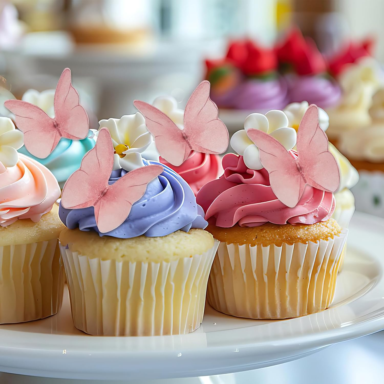 48PCS Edible Butterfly Cake Decorations Wafer Paper Butterflies for Cake Decorating, Vivid Colorful Butterfly Cupcake Toppers for Wedding Birthday Party Cupcakes Decorating Supplies(Pink) image number 2