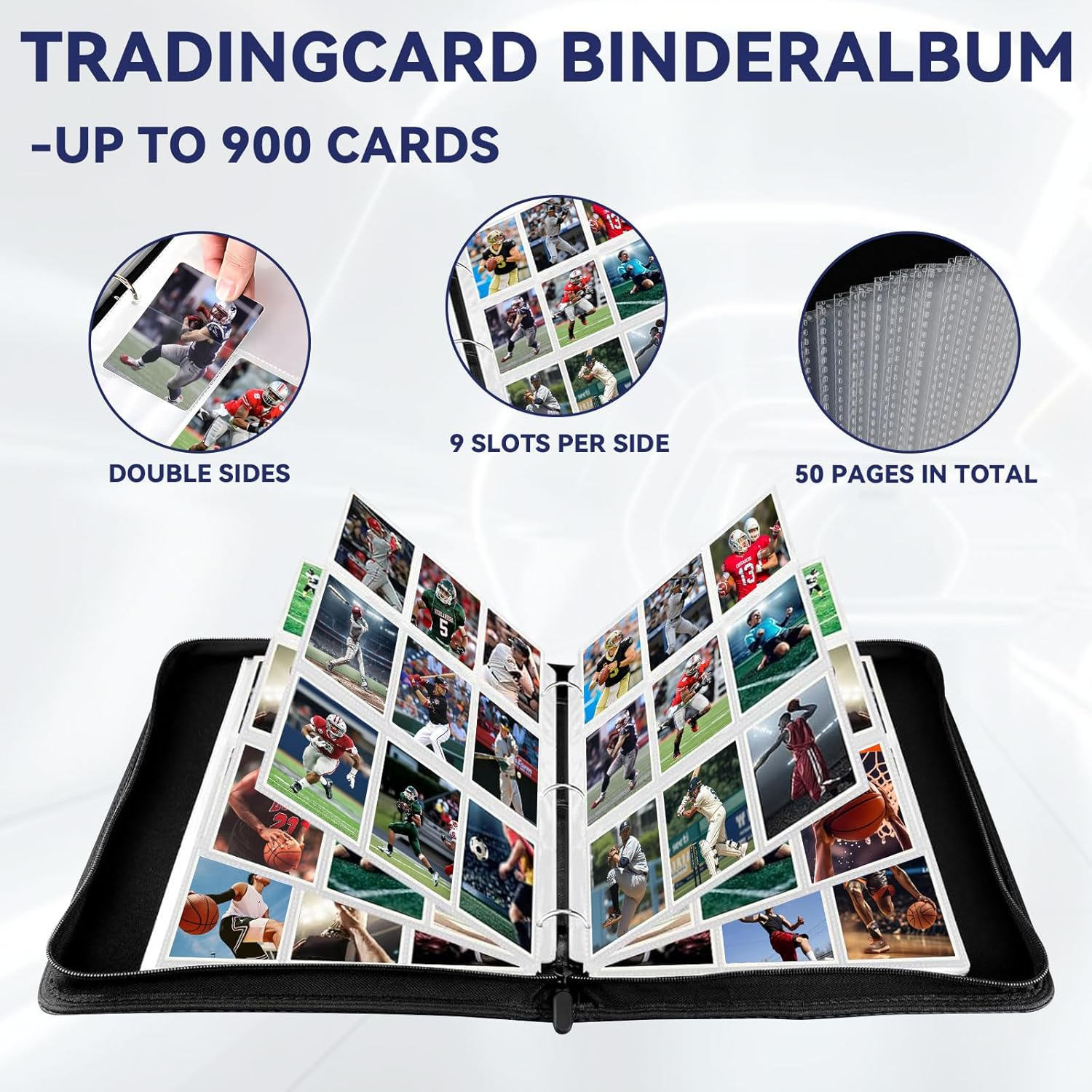 9 Pocket Card Binder with 50 Sleeves, Card Storage Binders 900 Pocket PU Cards Holder with Zipper Closure, Photocard Binders 3-Ring Card Collection Album for Game Cards Collection Binder, Sports, MTG image number 4