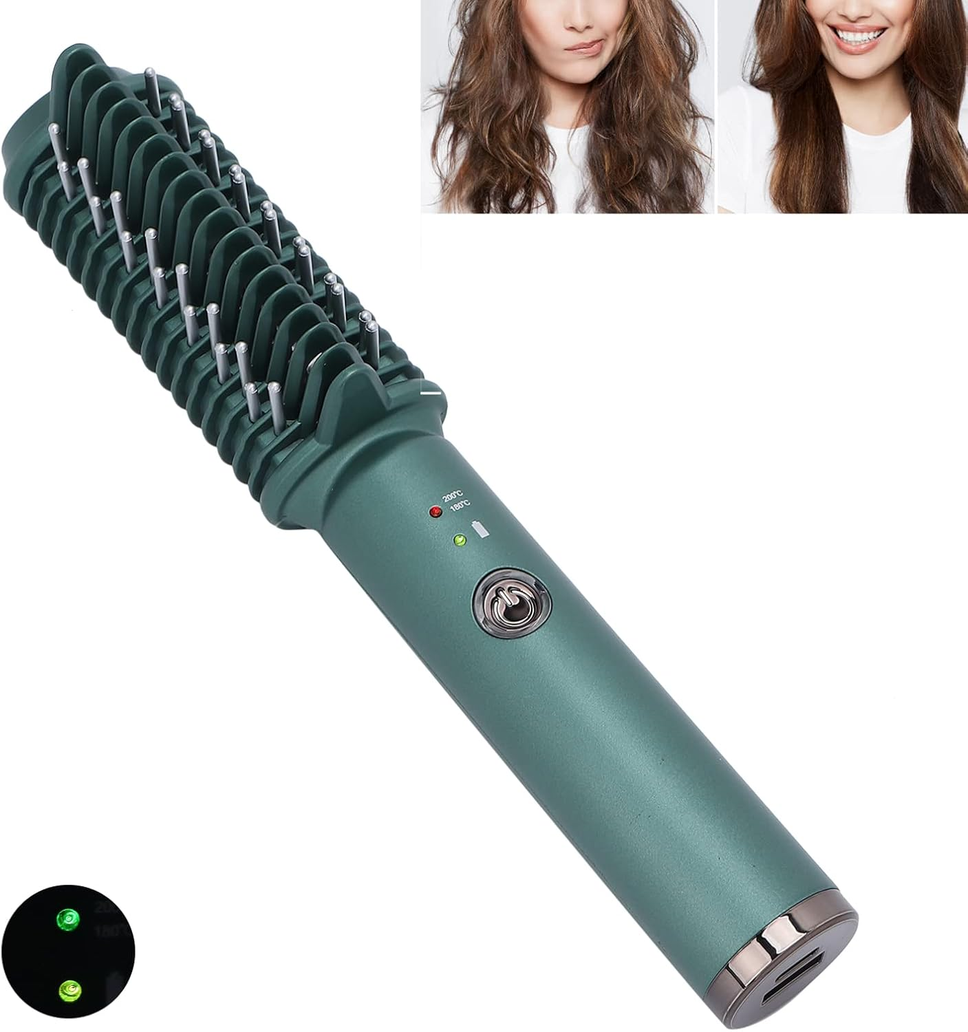 USB Hair Straightener Brush Comb Temperature Adjustable Hair Straightening Brush Wireless Portable Fast Heating for Travel Home Use Dark Green