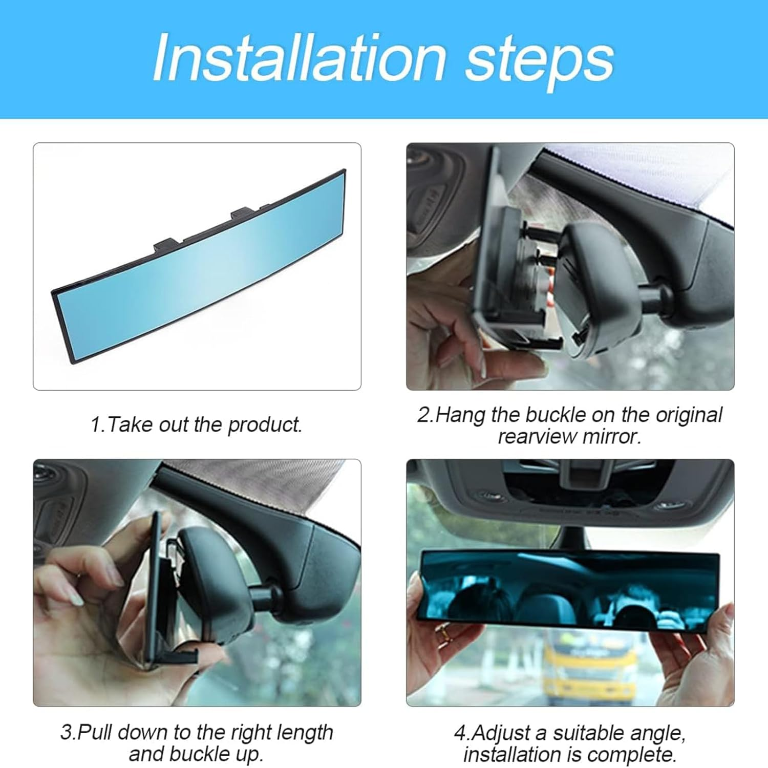 Cozioz Universal Panoramic Anti-Glare Rearview Mirror - 30X7 Cm HD Wide Angle Clip-On for Cars, Suvs, Trucks, and Vans (Blue)