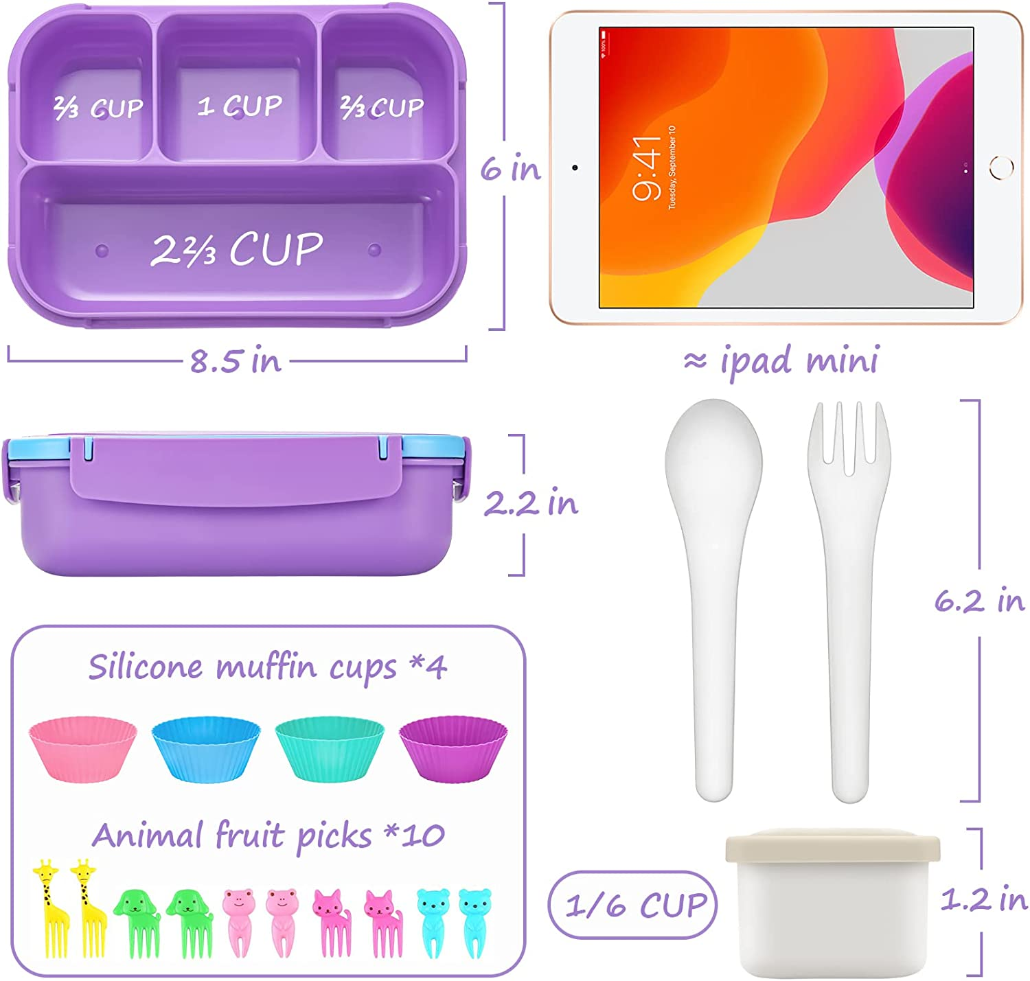 QQKO Bento Lunch Box with 4 Compartments, Sauce Container, Utensils, Food Picks and Muffin Cups for School - Purple - Black Gray image number 6