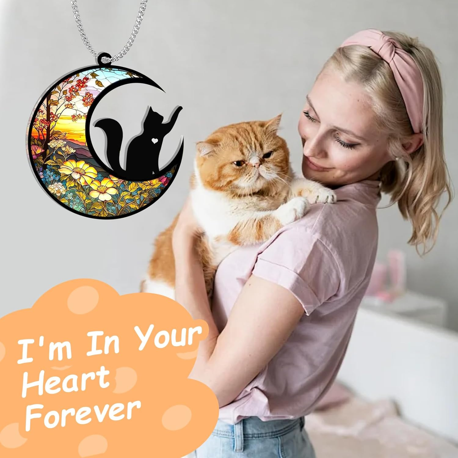 SZXYCZL Moonshaped Acrylic Window Pendant Cat Memorial Gifts for Loss of Cat Memorial Ornament Loss of Pet Sympathy Gift-At Dusk - Cat image number 5