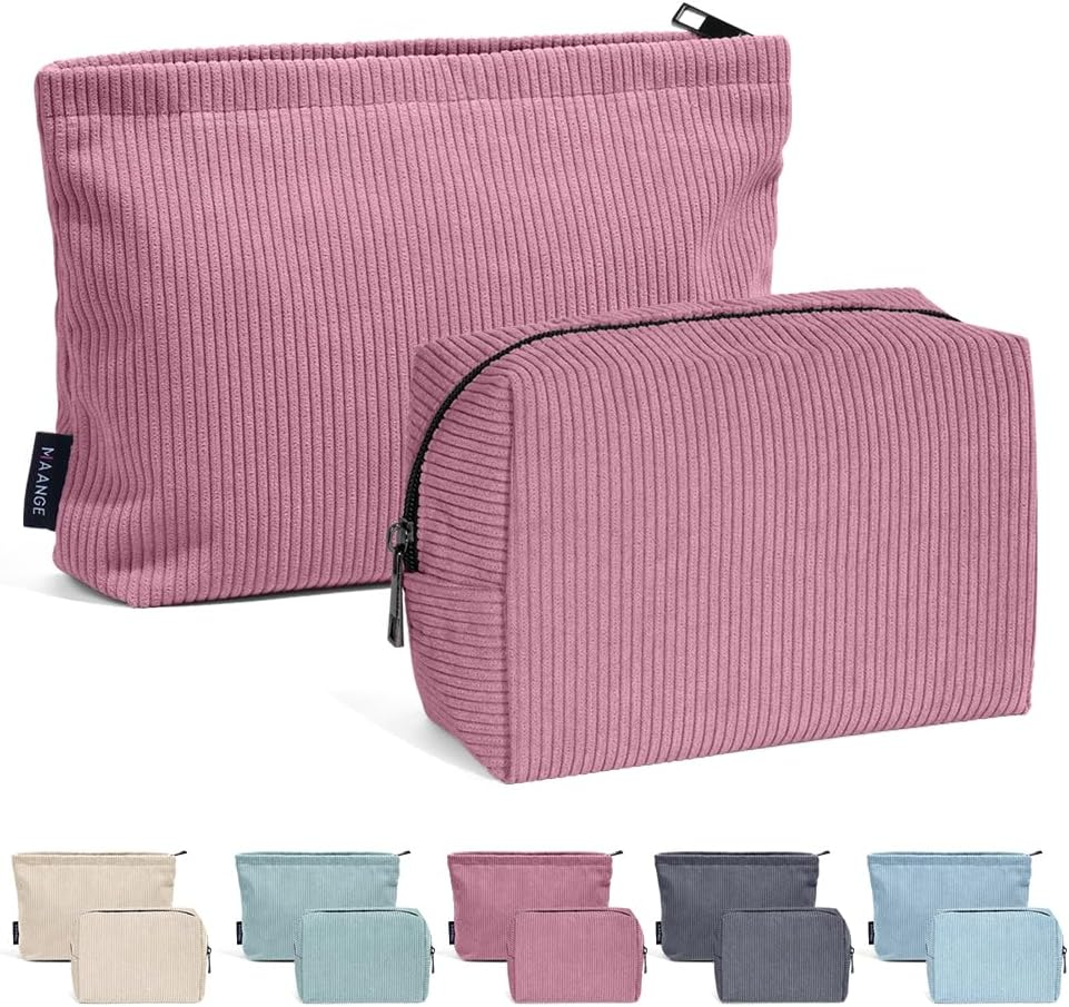 MAANGE 2 Pcs Cosmetic Bag, Travel Makeup Bag Makeup Pouch Corduroy Portable Versatile Zipper Pouch Make up Bag for Women (Red image number 1