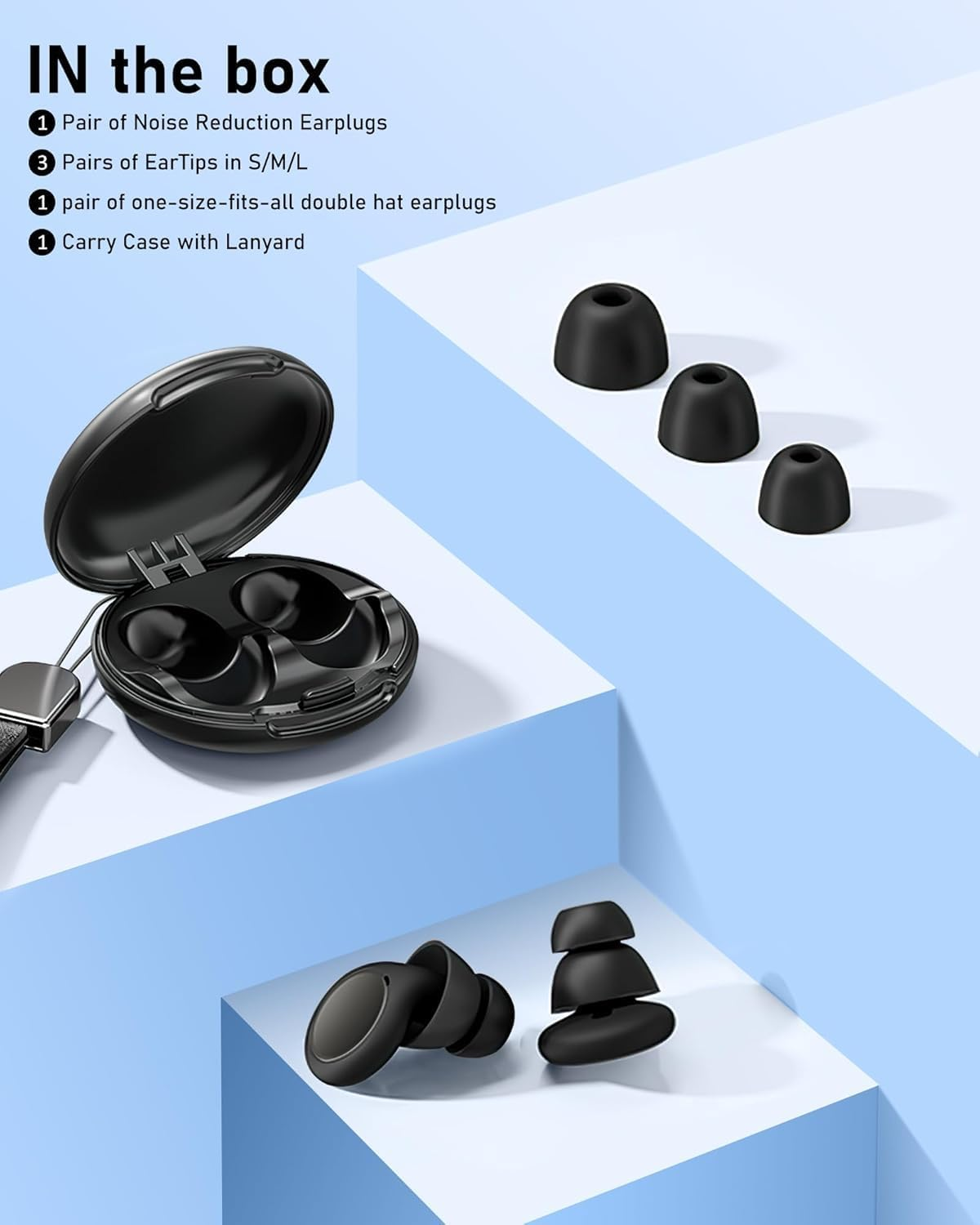 Ear Plugs for Sleeping Noise Cancelling with Double Tips, Noise Reduction Earplugs Silicone Concert Ear Plugs for Snoring, Travel, Concerts, Working, with 8 Eartips in S/M/L/Double Tips (Black, One Size) image number 6