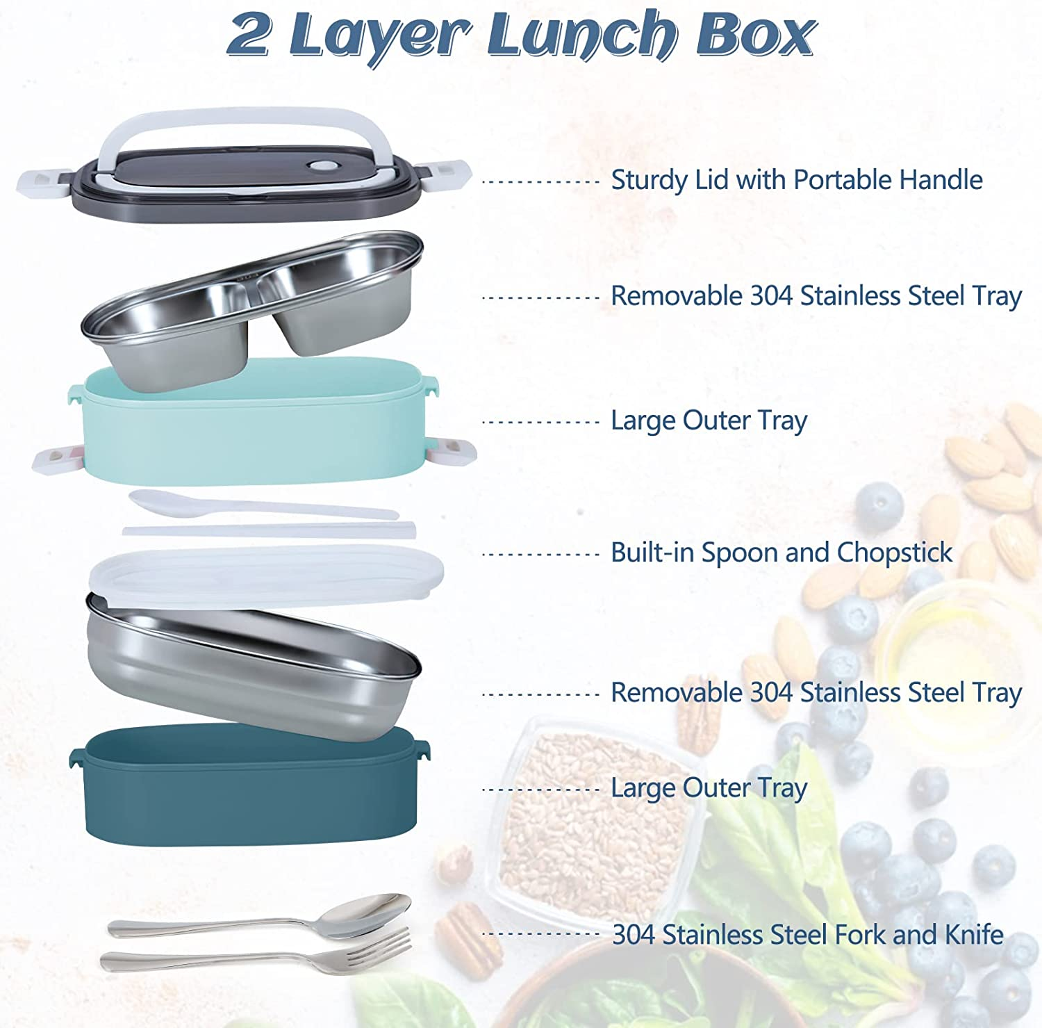 2 Tier Bento Box Lunch Box for Adults and Kids, Leakproof Bento Lunch Box with 3 Compartments and Cutlery (Spoon & Fork), Portable Adult Lunch Box with Lunch Bag for Work Office School