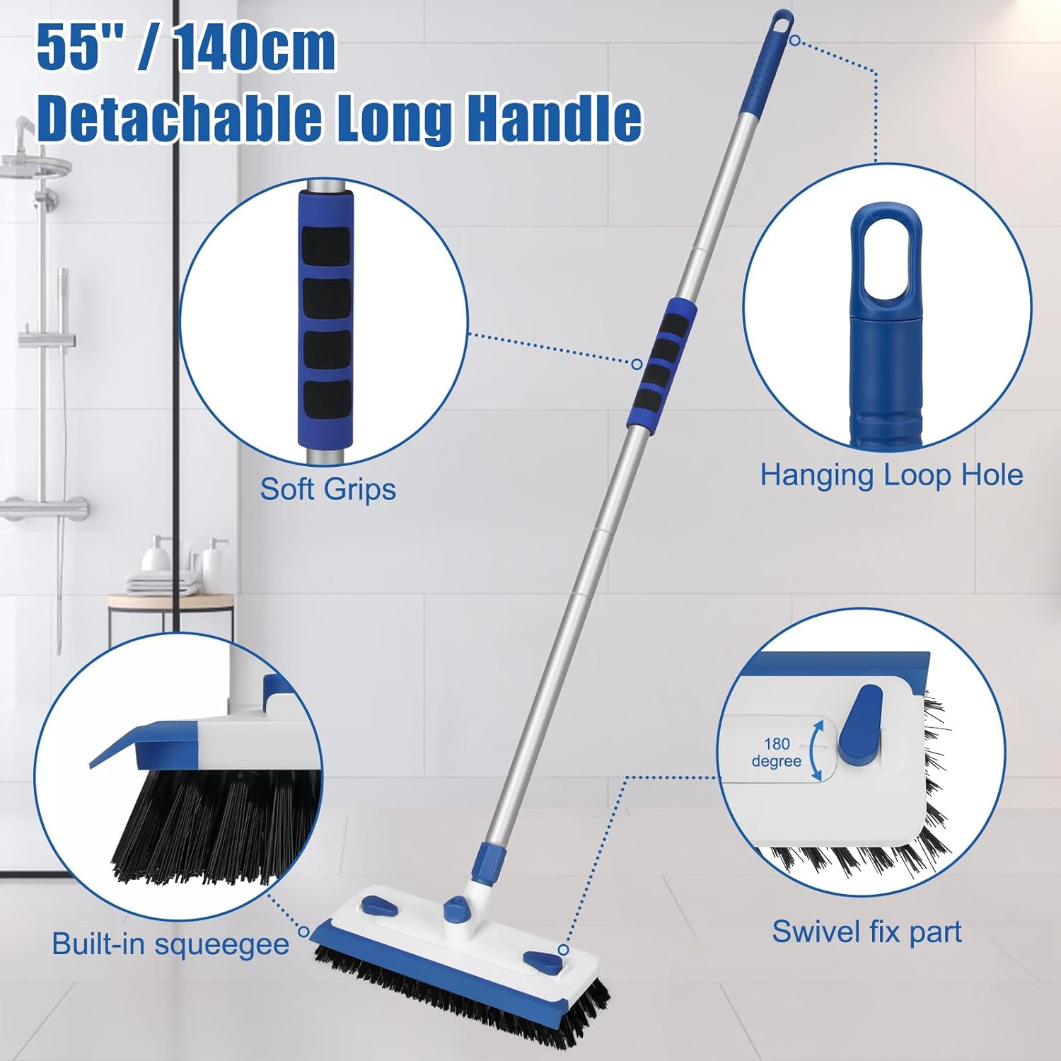 Qaestfy 3 in 1 Floor Scrub Brush with Squeegee, 55'' Extendable Long Handle Floor Scrubber Cleaner for Tile, Garage, Concrete, Rug, Shower Bathroom - Blue image number 6