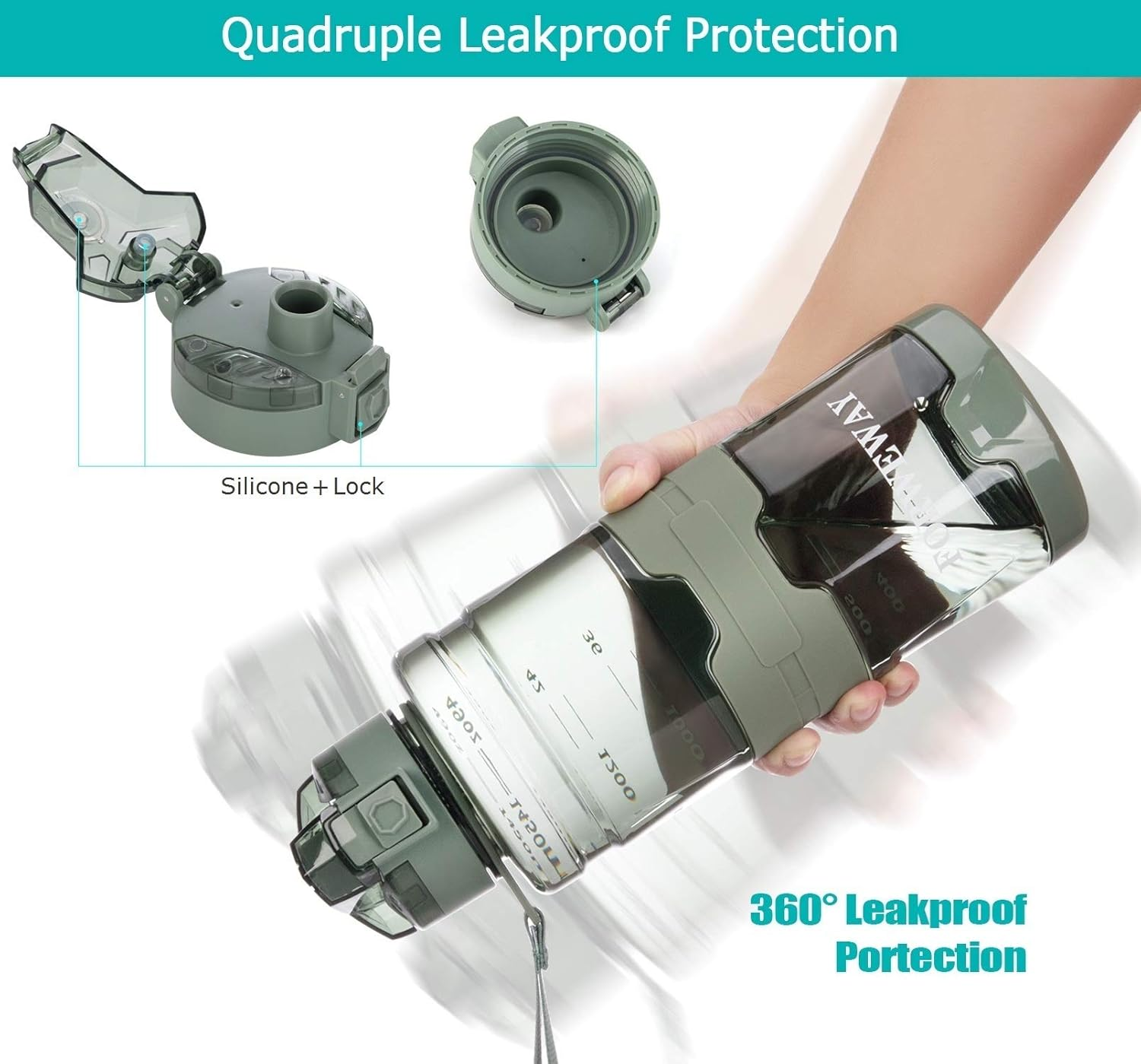 FORWEWAY Bpa-Free Large Water Bottle Tritan Leakproof Plastic Water Bottle with Filter Reusable Big Drink Water Bottles Durable for Fitness Outdoor Camping Hiking (Green) image number 5