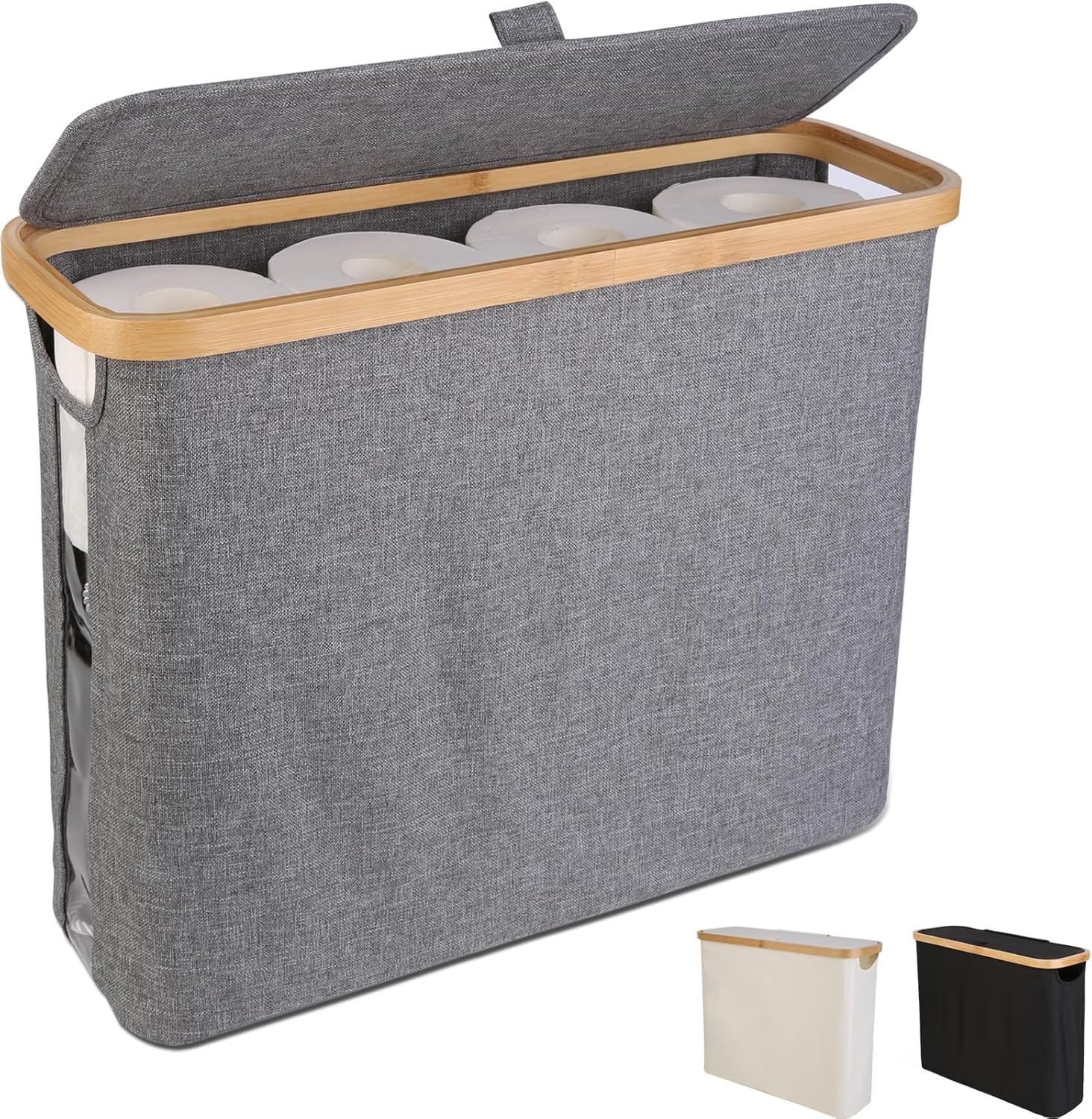 Toilet Paper Storage with Lid, Slim Toilet Paper Basket Holder Bin Container, Bamboo Bathroom Accessories Organizer Holder Stand, Hold up to 12 Regular Rolls or 9 Mega Rolls (Gray) image number 3