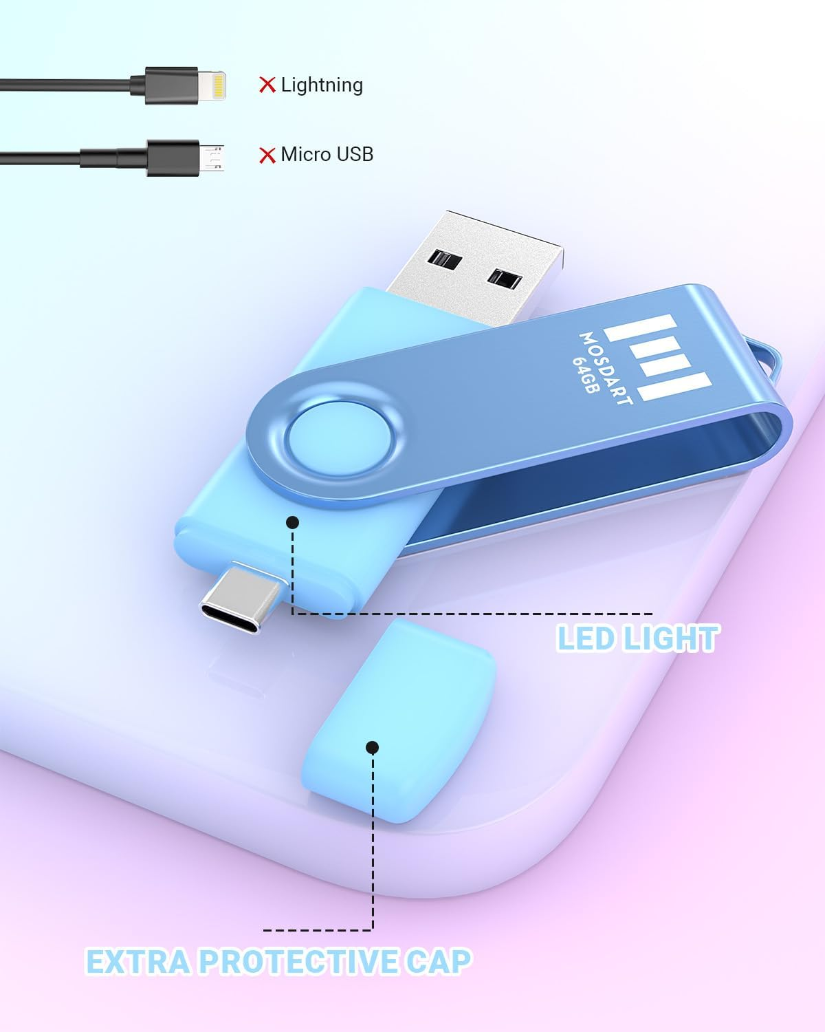 MOSDART 64GB USB 2.0 C and a Dual Flash Drive, Exfat Memory Stick, for Iphone 15 and 16, Android Phone, Ipad, Macbook, and Other Laptops, Vibrant Colors (Pack of 5) image number 5