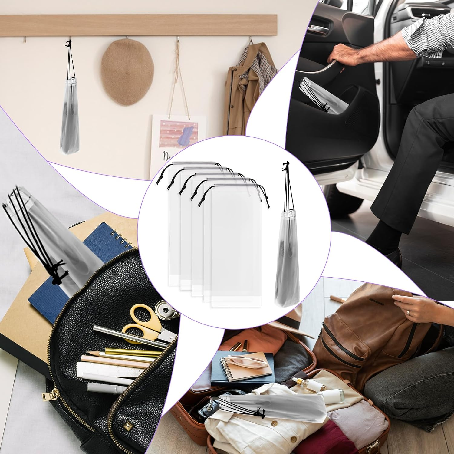 Mozeat Lens 6 Pcs Umbrella Bags Wet Umbrella Cases Clear Umbrella Cover Wet Umbrella Bags Folding Umbrella Storage Bag Waterproof Travel Umbrellas Sleeves with Drawstring image number 4