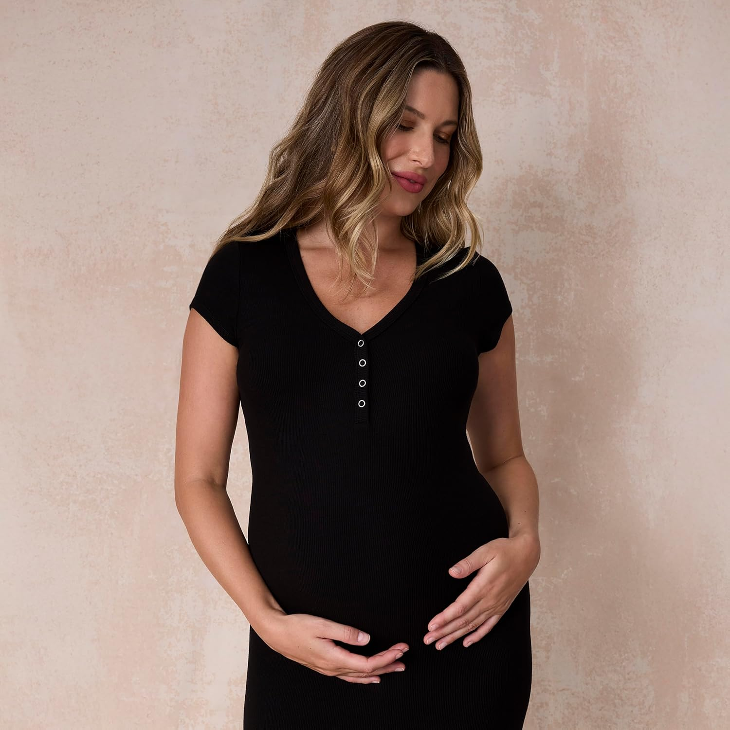 Motherhood Maternity Women'S Short Sleeve V-Neck Henley Rib Knit Bodycon Maxi Pregnancy Dress image number 6