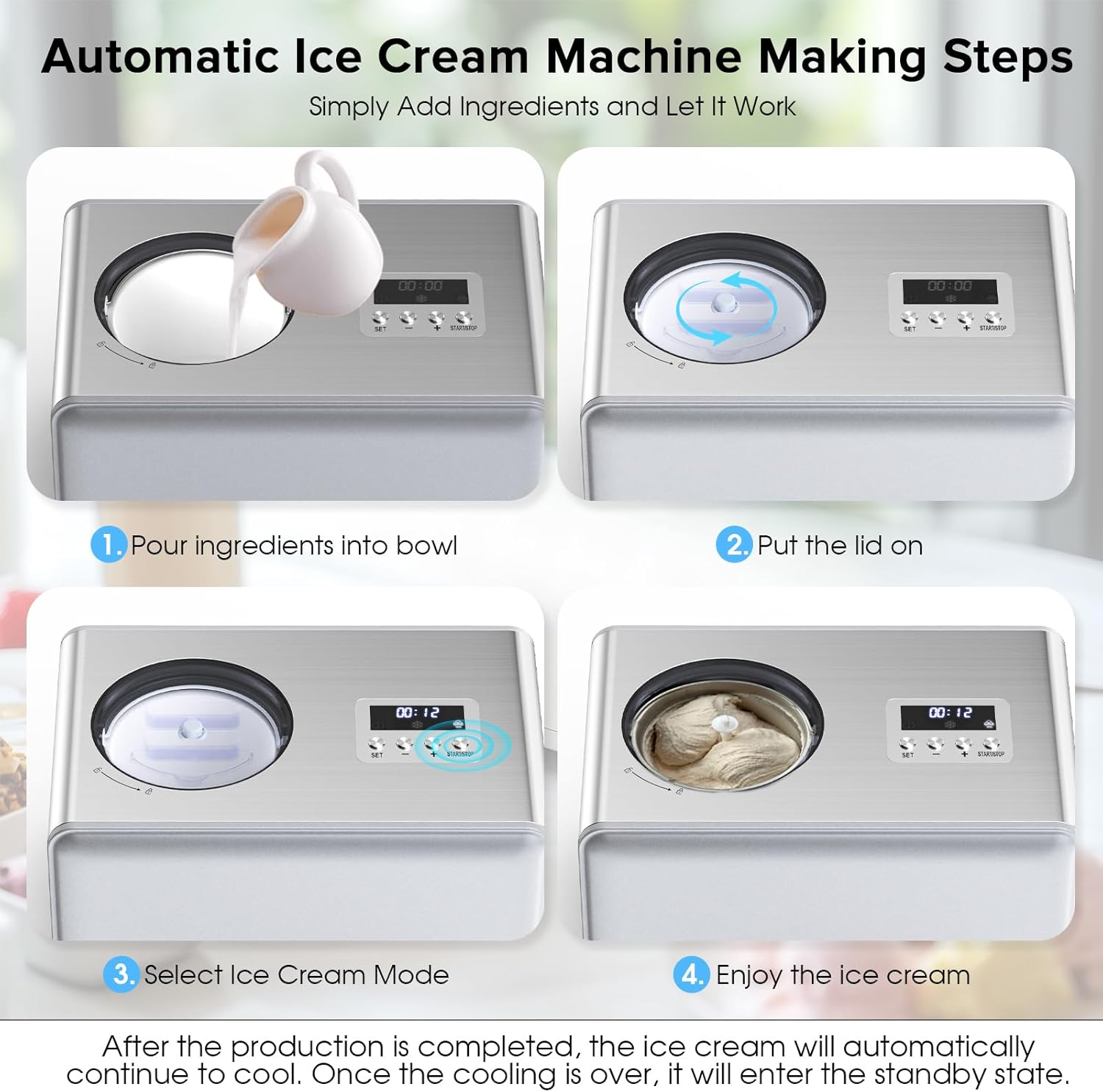 Advwin Ice Cream Maker with Built-In Compressor, 2L Frozen Yogurt & Gelato Machine, Sorbet Maker with LCD Display, 3 Modes, 2-Hour Keep Cool Function