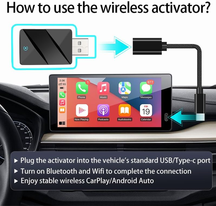 WUERQIE Wireless Carplay & Android Auto Adapter - 2-In-1 Plug & Play Dongle for Iphone/Android, Convert Wired to Wireless, Supports Online Updates, Plug-And-Play,Usb-A/C Support image number 2
