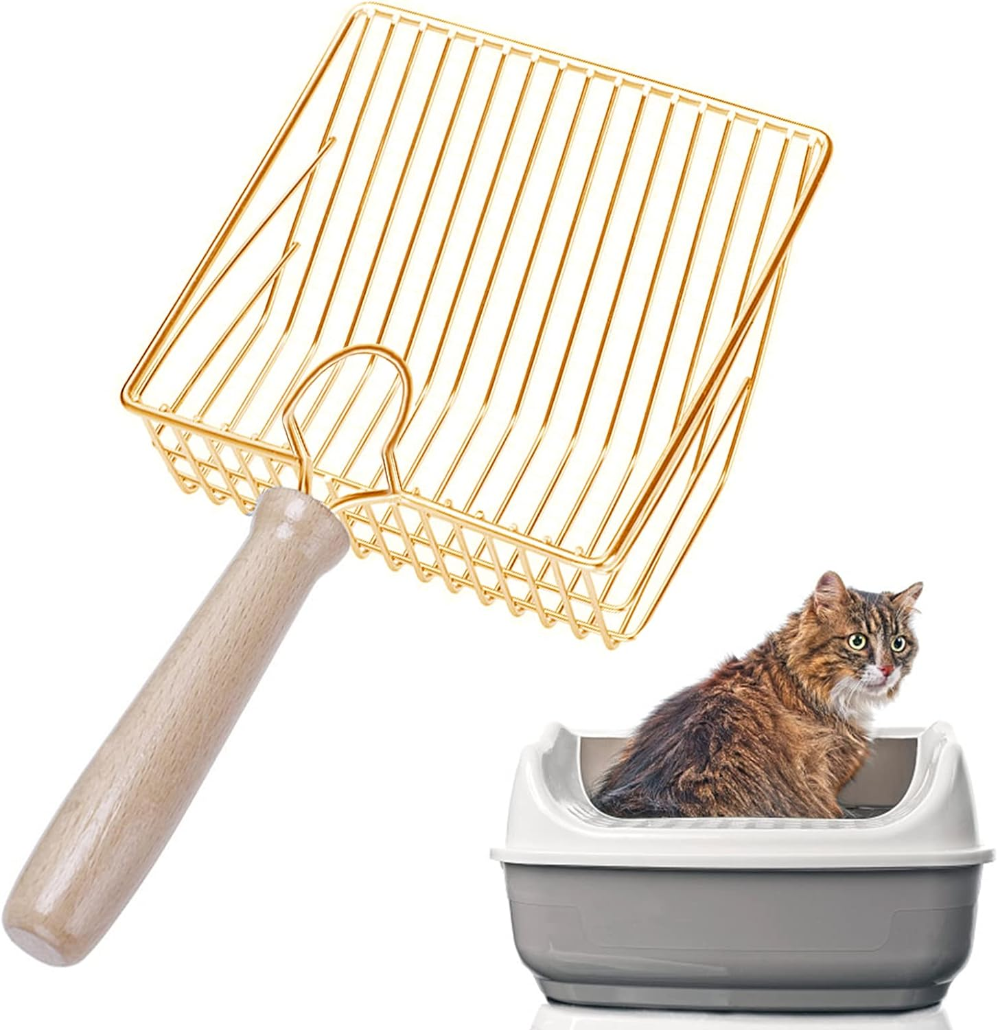 Cat Litter Scoop Stainless Steel Metal, Non-Slip Beech Handle Kitten Deep Shovel Holder for Maximum Sifting, Non Stick Scoop Sifter Cat Litter Shovel Cleaning Scoop image number 1
