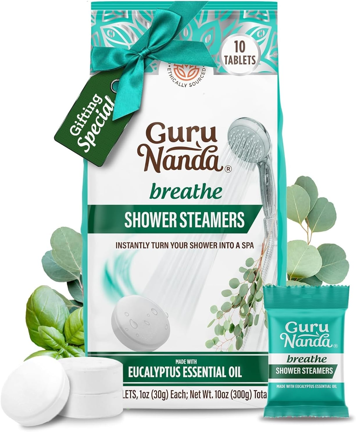 Gurunanda Breathe Shower Steamer Tablets (Pack of 10) - 100% Natural Eucalyptus Essential Oil Helps with Congestion and Basil Supports Stress Relief & Mental Clarity - Perfect for Home Spa & Self Care image number 2