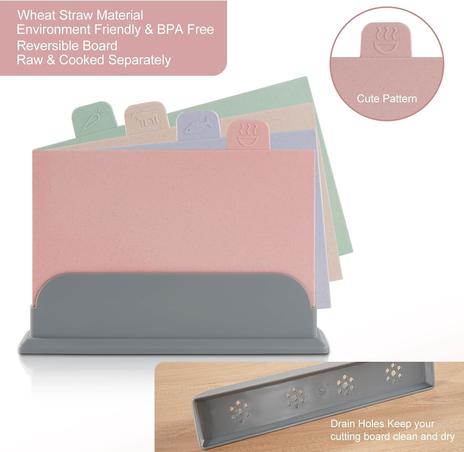 Cutting Board Set with Storage Stand,4 PCS Reversible Chopping Boards with Index Color Coded Food Icon for Various Food, Preventing Cross-Contamination, Wheat Straw Fiber, BPA Free image number 5
