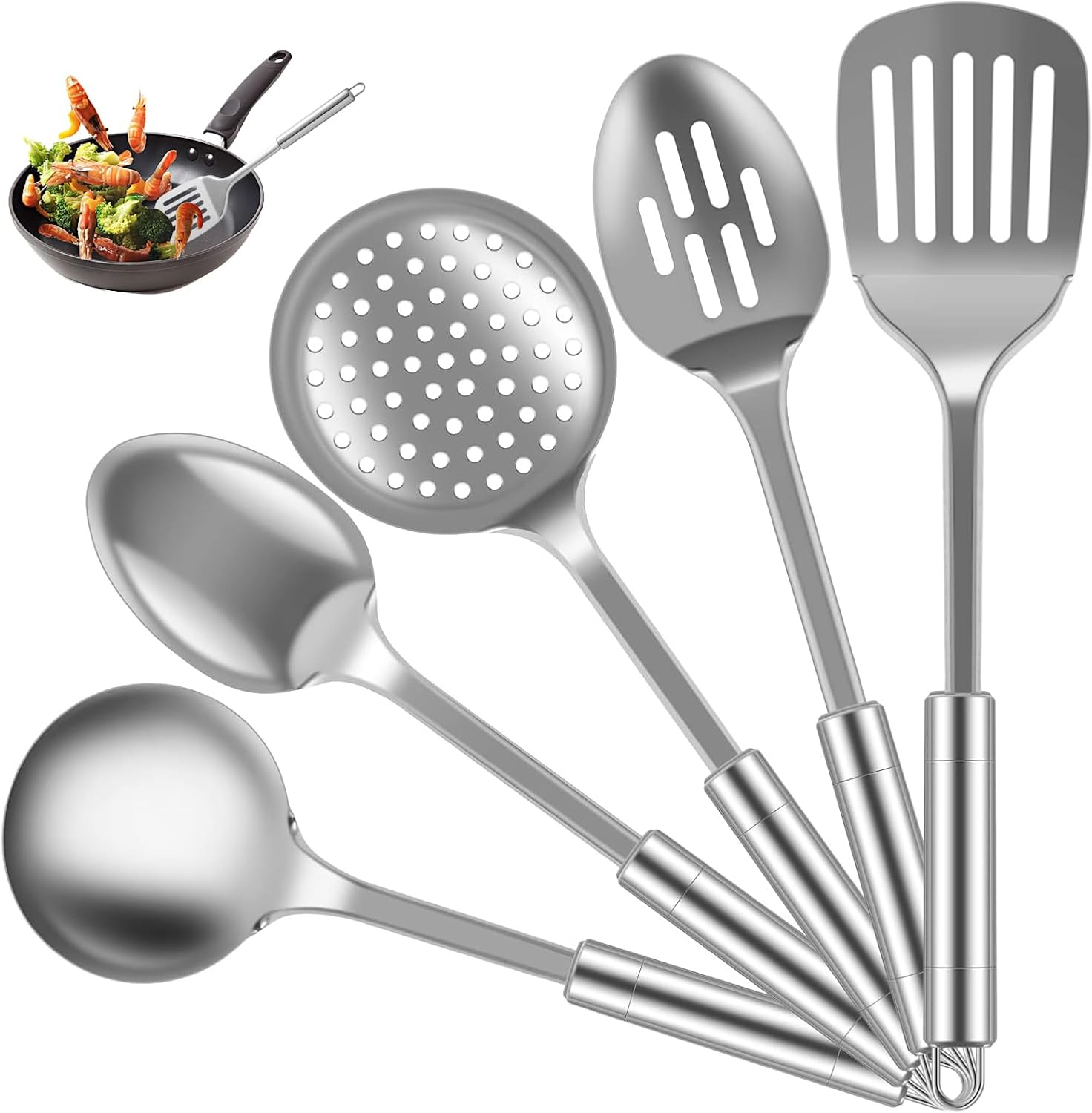 5 Pcs Stainless Steel Cooking Utensils Set,Kitchen Tools Set,Professional Cooking Spoons with Strainer Spoon/Soup Ladle/Slotted Spatula/Dense Spoon/Large round Strainer Spoon image number 1