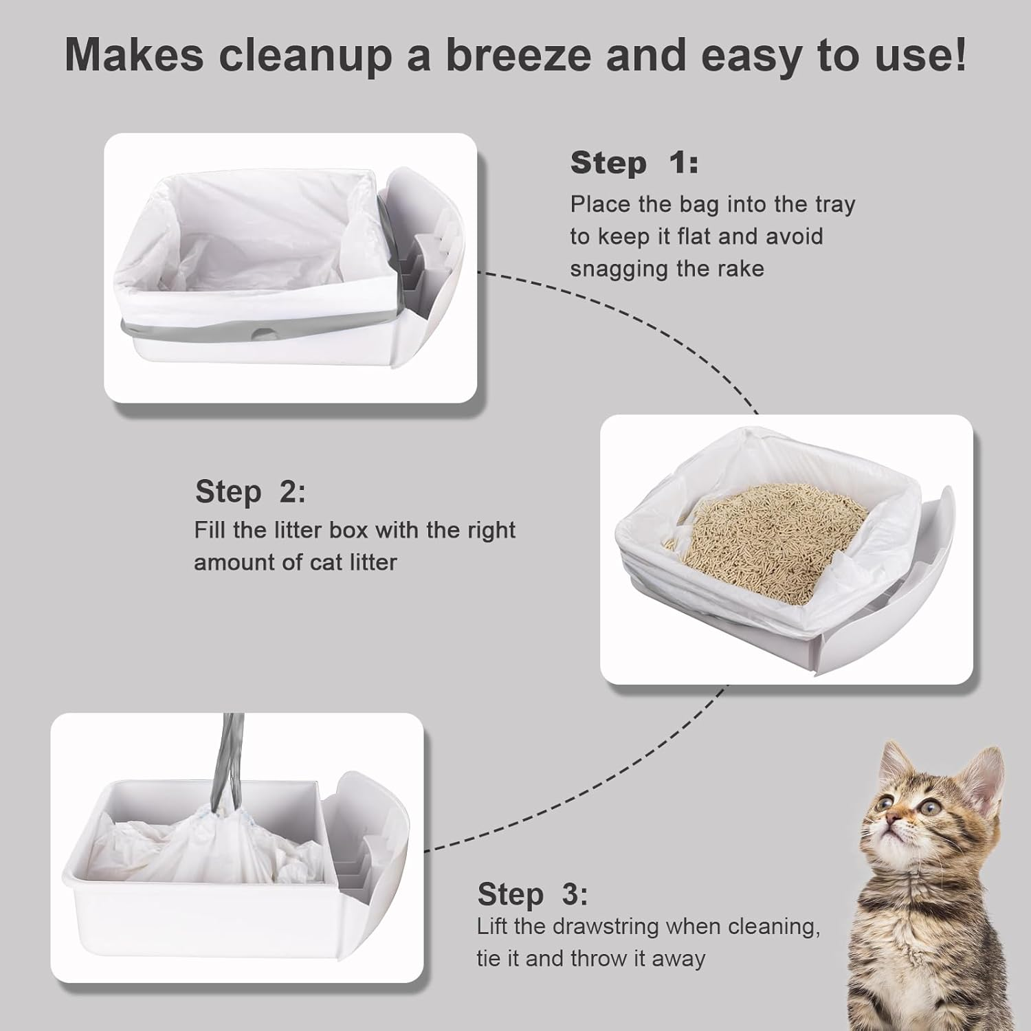 MEILANHUI 20 Count Cat Litter Box Liners, 53 X 28 CM Cat Litter Bags Compatible with Automatic Self-Cleaning Robot Thick Heavy Duty Drawstring Replacement Litter Box Liners image number 3