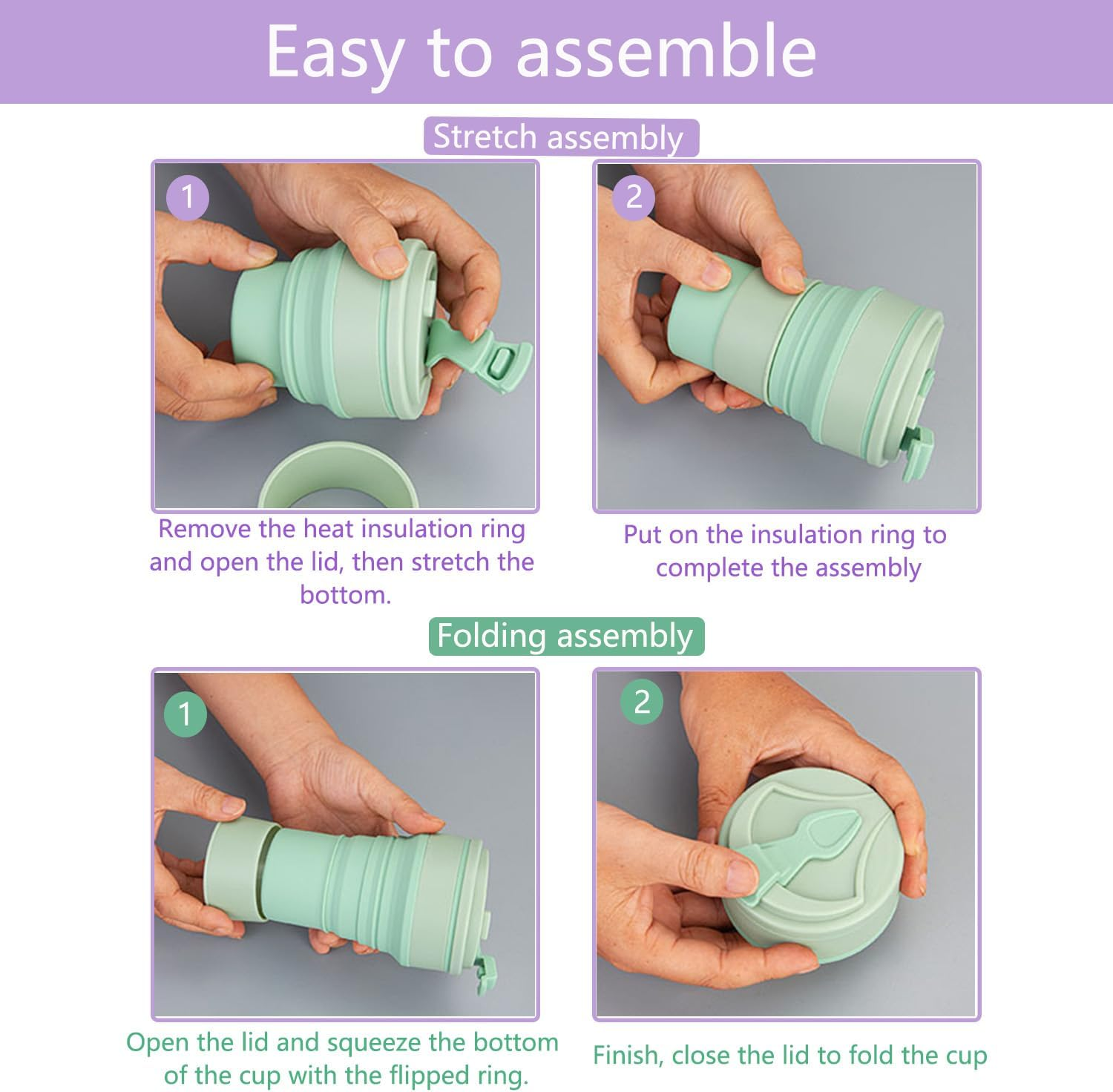 Pack of 2 Silicone Folding Cups, 350 Ml, Portable Folding Cup, Silicone Foldable Travel Cup, for Outdoor Picnics, Camping and Hiking (Green, Purple)