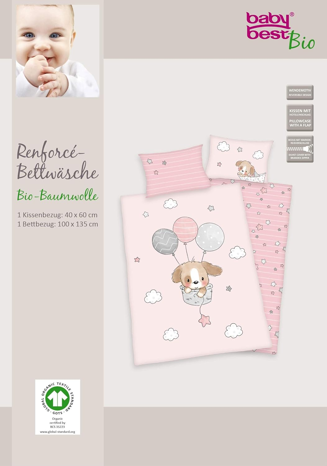 Herding Sweet Puppy Organic Bed Linen Set, GOTS Certified, Reversible Motif, Pillowcase 40 X 60 Cm, Duvet Cover 100 X 135 Cm, Cotton/Renforc&eacute;, Pink/Multicoloured, 100 X 135 Cm
