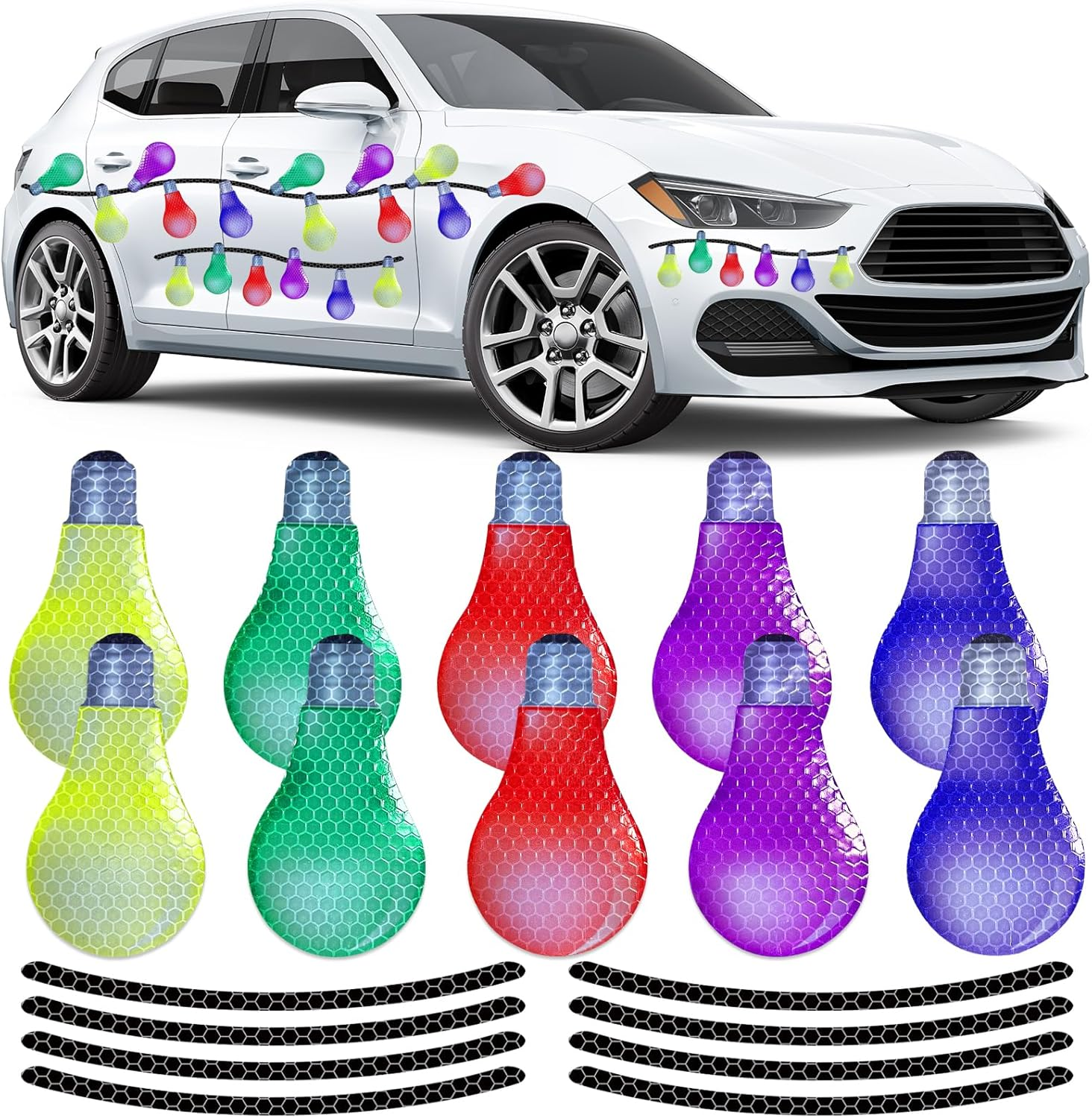 Christmas Car Refrigerator Magnets Lights Stickers, Reflective Car Magnet Decals Ornament, Christmas Bulb Light Shaped Magnets Set, Magnetic Wires Ornaments Decor (Colorful-18Pcs) image number 6