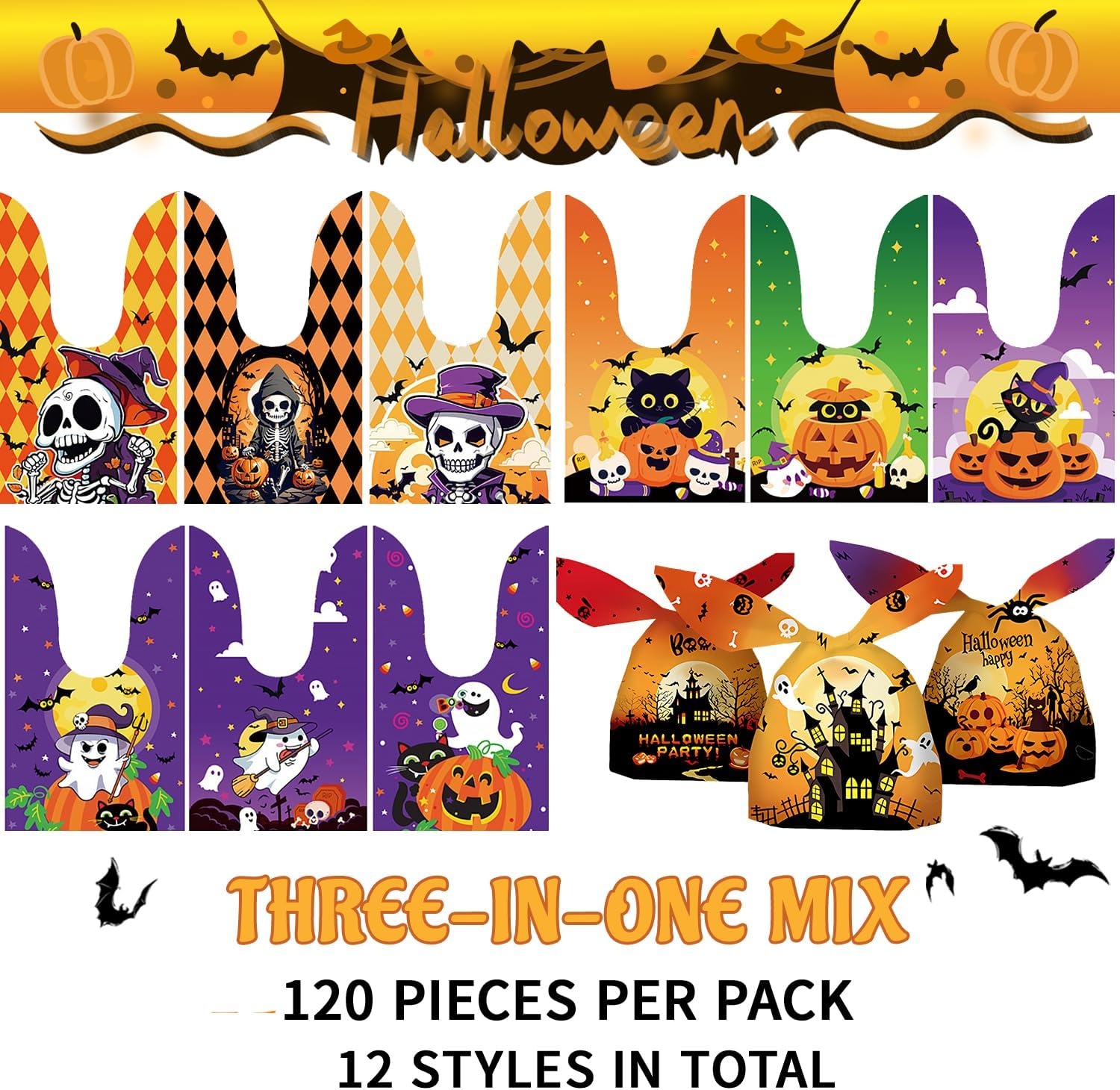 XIJIANG 120 PCS Halloween Candy Bags,14 X 23 CM Halloween Treat Bags, Gift Bag,Birthday Parties, Halloween Candy Bags Party Supplies,12 Patterns in Total. image number 2