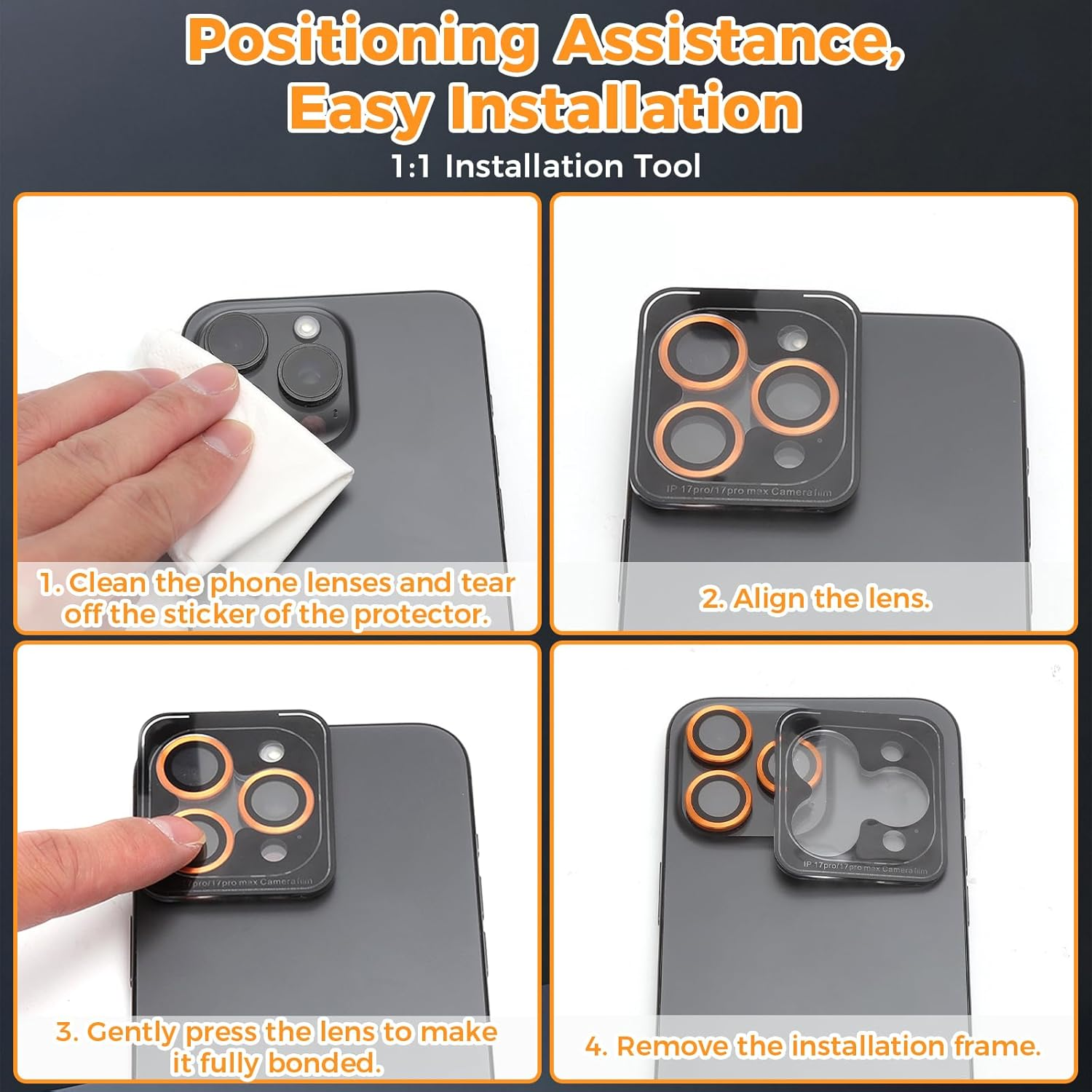 VOSSOT Camera Protection for Iphone 17 Pro Max/17 Pro Camera Protection 9H Ultra Thin Tempered Glass with Positioning Frame, Scratch-Resistant, Anti-Fingerprint & Bubble-Free Installation, Orange image number 6