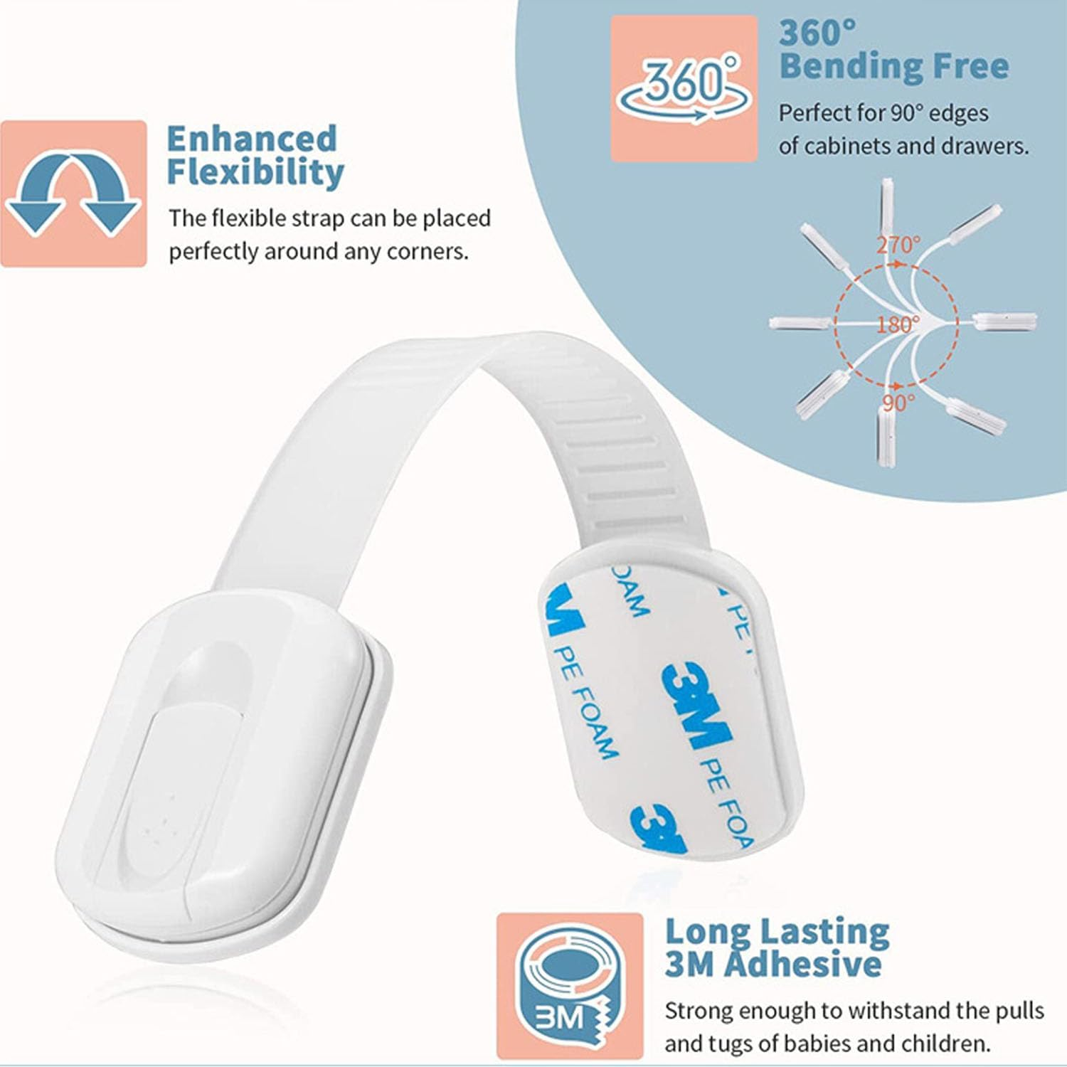 WADY 10 Pack Cabinet Locks Baby Proofing, Child Safety Drawer Locks, One Click Baby Proof Adjustable Baby Safety Locks Multi-Purpose Use for Cabinets, Cupboards, Toilets, Fridge, Oven, Bins (White) image number 2