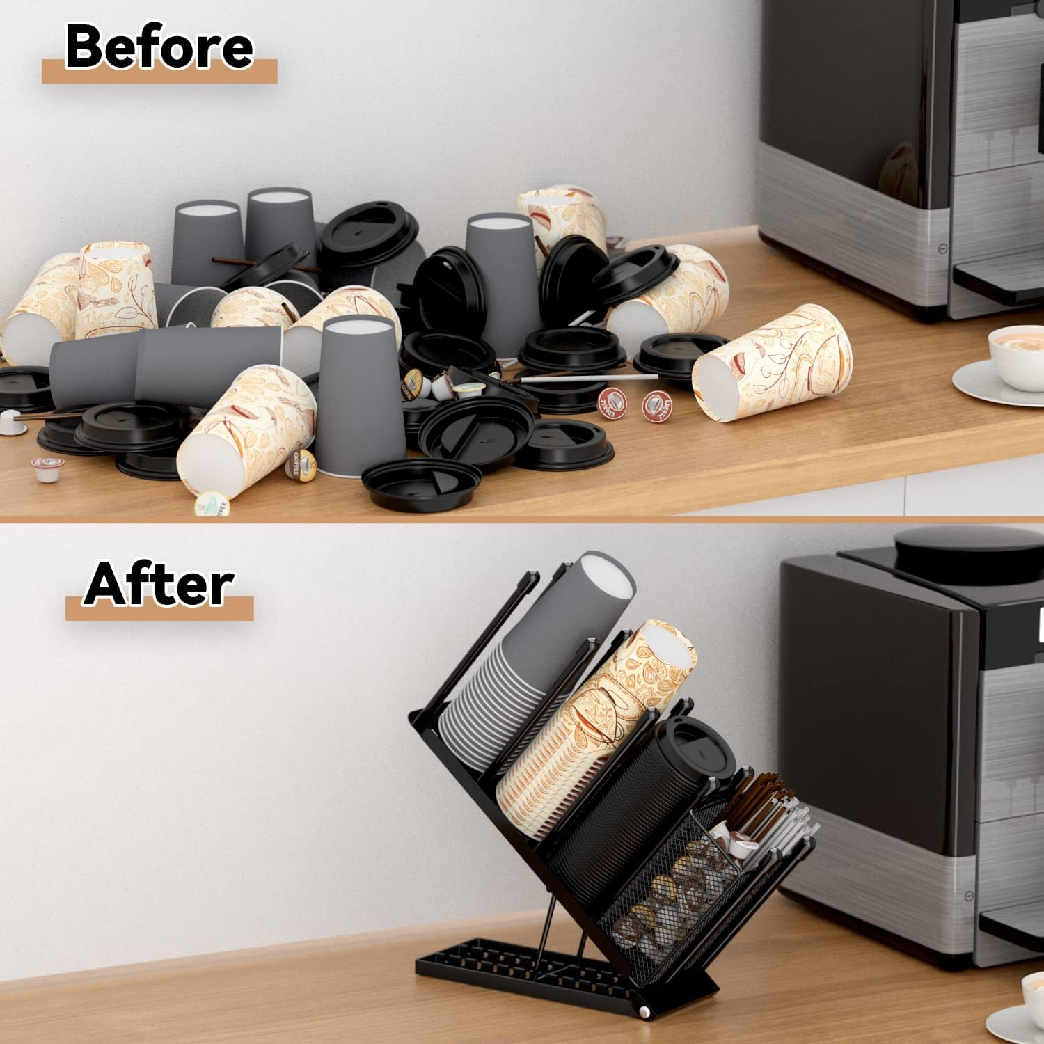 Ovicar Cup and Lid Holder - Adjustable Coffee Cup Holder Organizer 4 Compartment Disposable Cup Dispenser with Mesh Basket for Coffee Pod Straw Storage Metal (Black) - Black image number 4