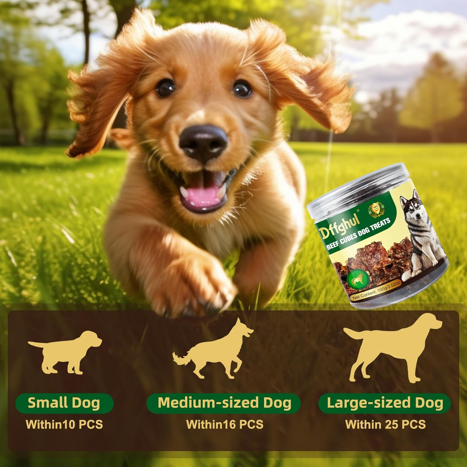 Dog Beef Treats, Rawhide Free Grain Free Dog Snack Chewy Beef Cubes for Dogs Natural Low Fat Dog Training Rewards-100G(3.53Oz)