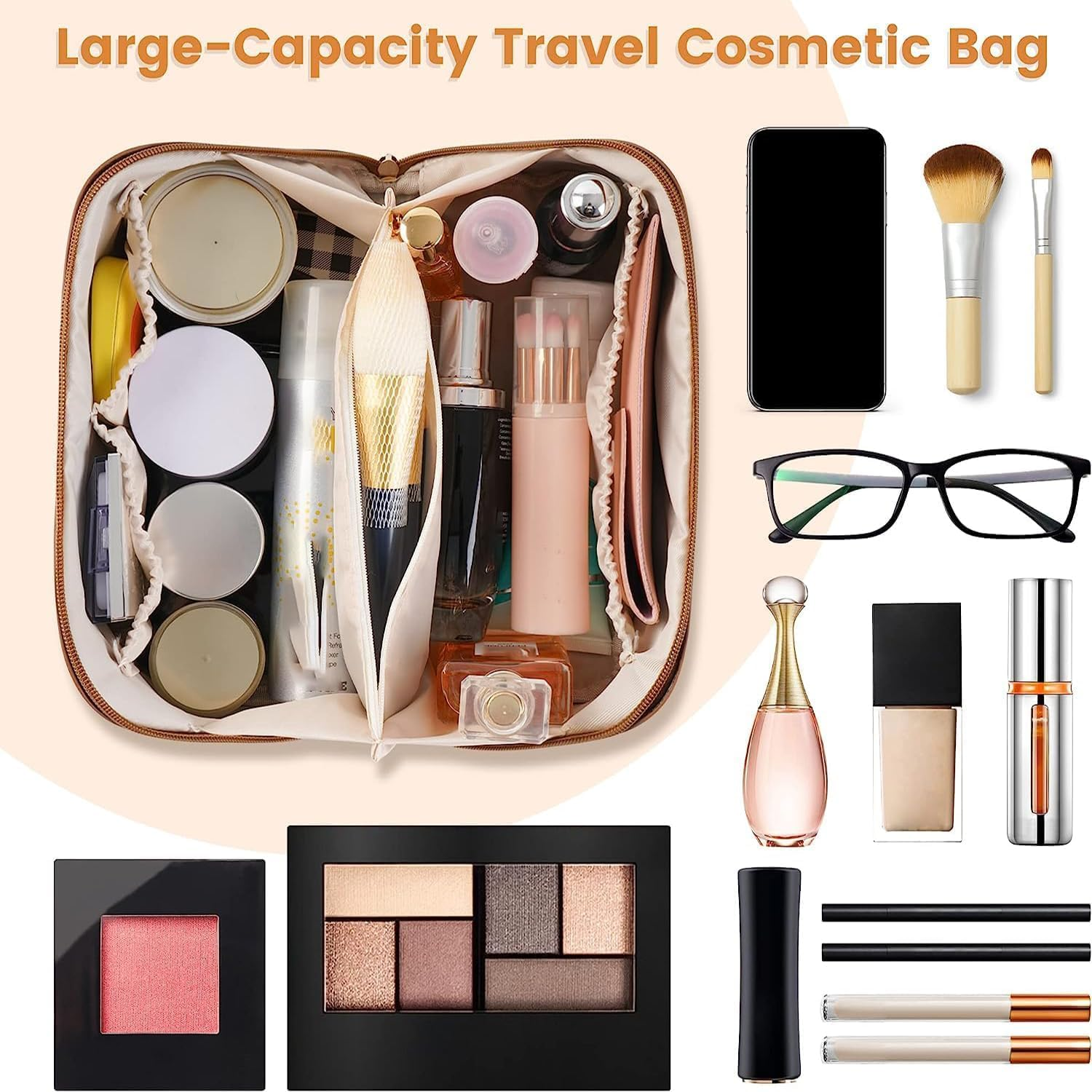Cosmetic Bag, Large Capacity PU Waterproof Storage Makeup Bag,Open Flat Toiletry Bag Makeup Organizer,Women Portable Travel Makeup Bag with Handle Skin Care Cosmetics Toiletries - Brown image number 2