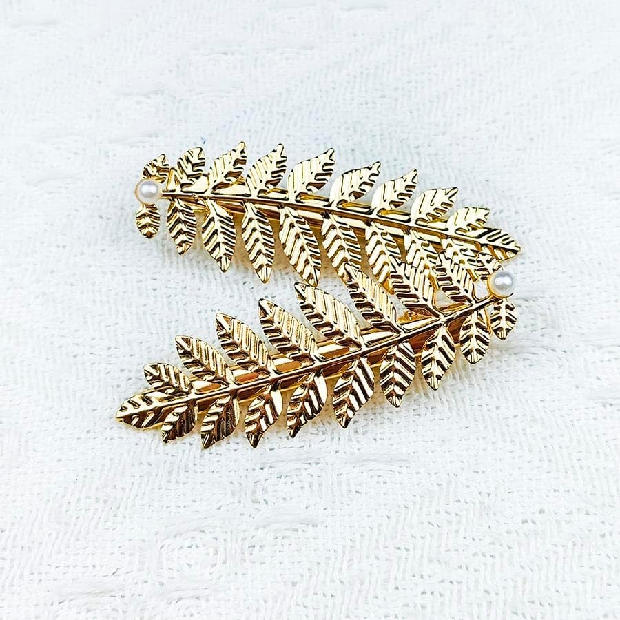 Gold Leaf Hair Clips Barrettes Greek Goddess Costume Cosplay Accessories for Women Girls 2 Pcs Leaves Clip with Pearl Hair Piece Leaf Clips for Wedding Party image number 3