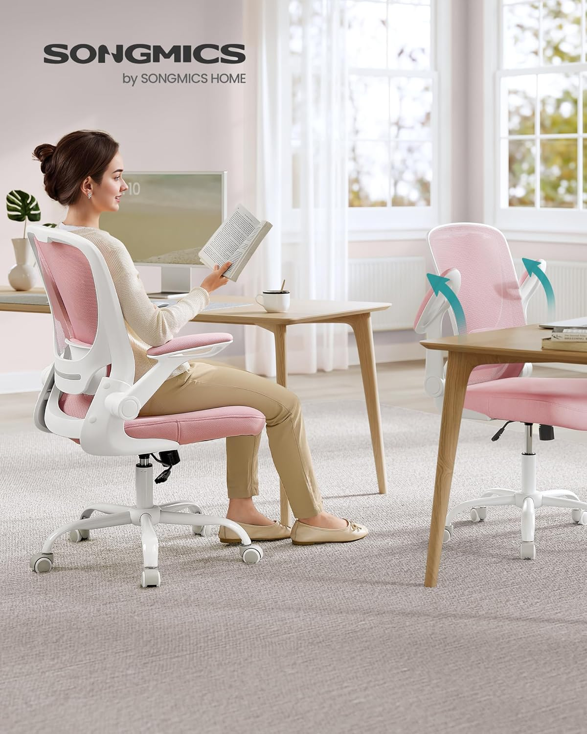 SONGMICS Ergonomic Fabric Office Chair, Padded Lumbar Support, Tilting Mechanism, Wide Seat 53Cm, Folding Armrests, Candy Pink, OBN037R01 image number 5