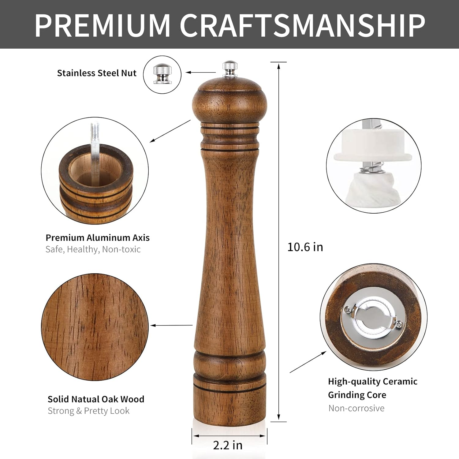 1Pack Wood Pepper Grinder, 10 Inch Salt Mill Pepper Grinder, Pepper Mill, Salt Shakers with Adjustable Ceramic Rotor - 1 Pack Oak Wood Pepper Grinder for Your Kitchen