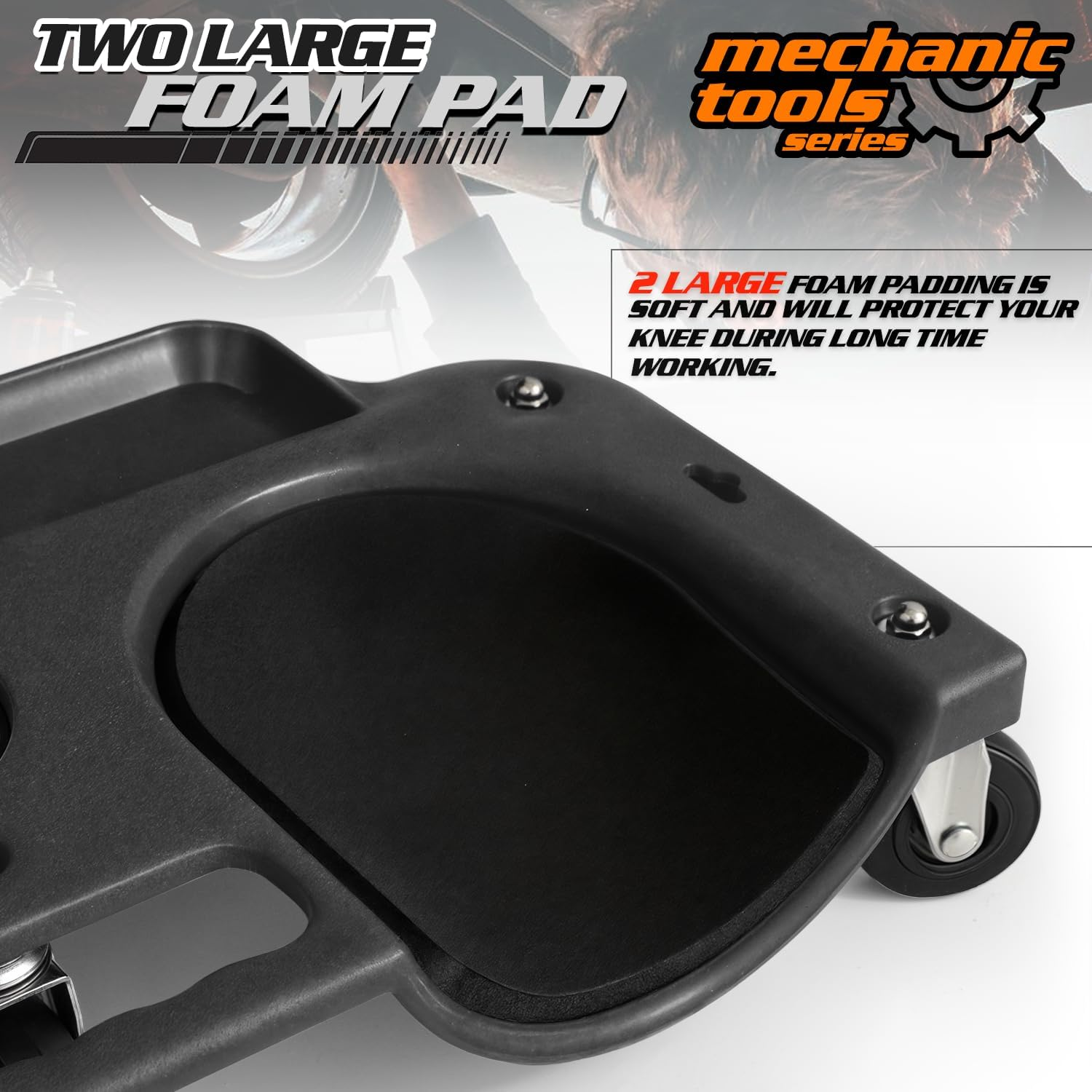 M-AUTO Rolling Knee Creeper Durable Knee Pads with Full 360 Degree Turn Casters and Tool Tray, Garage Kneeling Pads on Swivel Castors for Home Workshop Auto Repairing Maintaining, Black image number 6