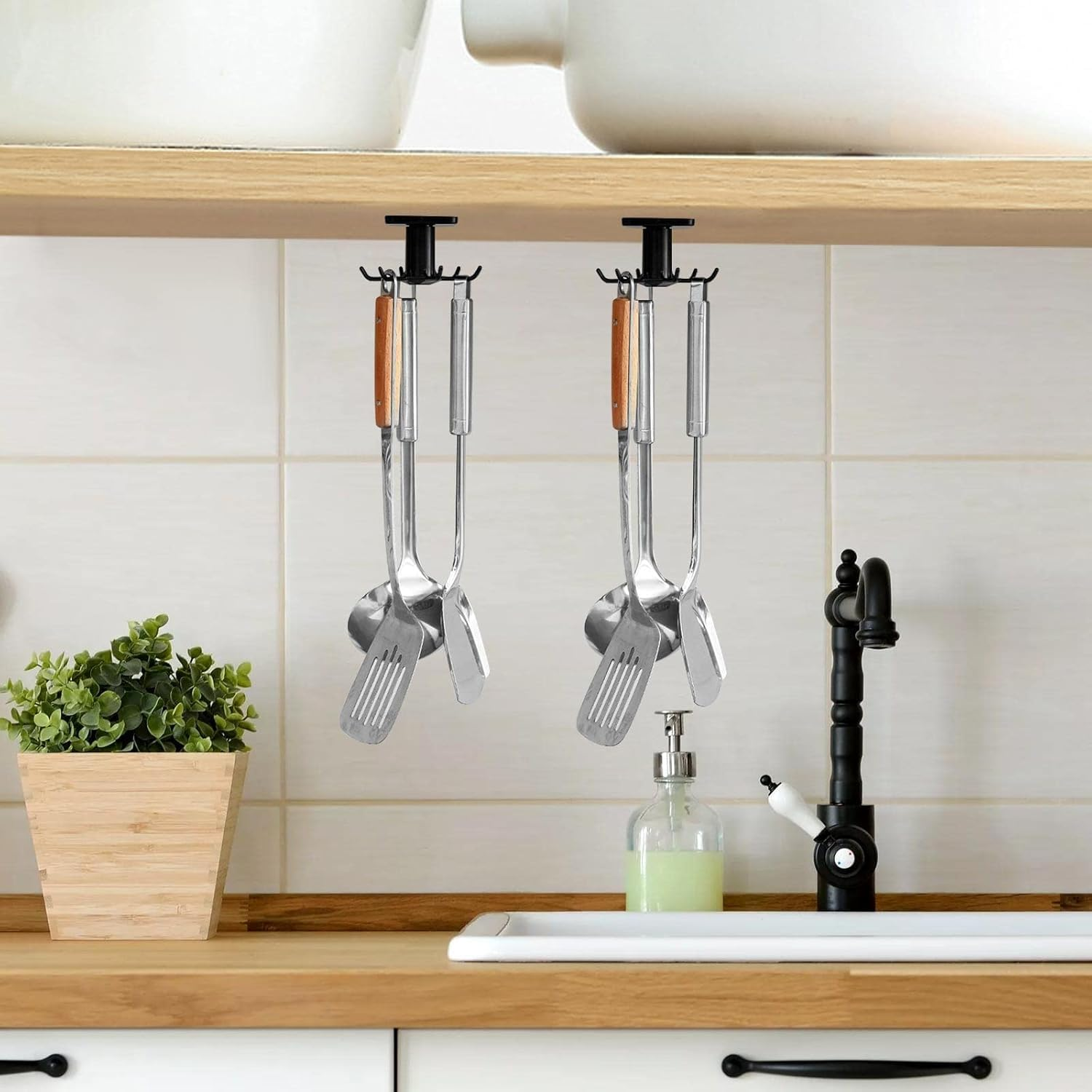 Under Cabinet 360&deg; Rotatable Kitchen Hooks with 6-Claws, 2Pcs 360&deg; Rotating Folding Hook under Cabinet Utensil Hanger, 360&deg; Rotating under Shelf Hooks with 6 Claws image number 3