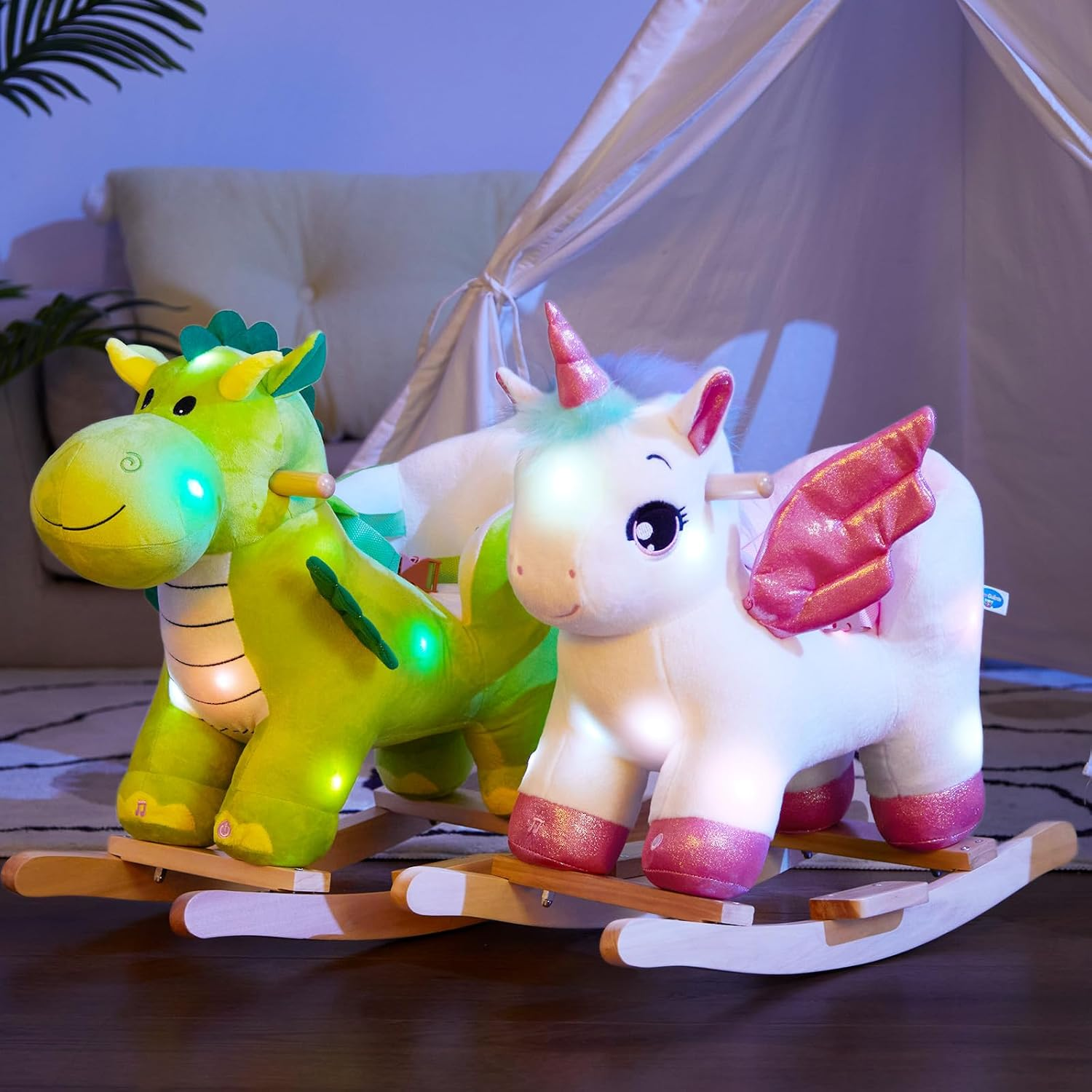 Glow Guards Musical Dinosaur Baby Rocking Horse Set - 2 Dinosaur Rockers with Safety Belt for Toddlers 1-3