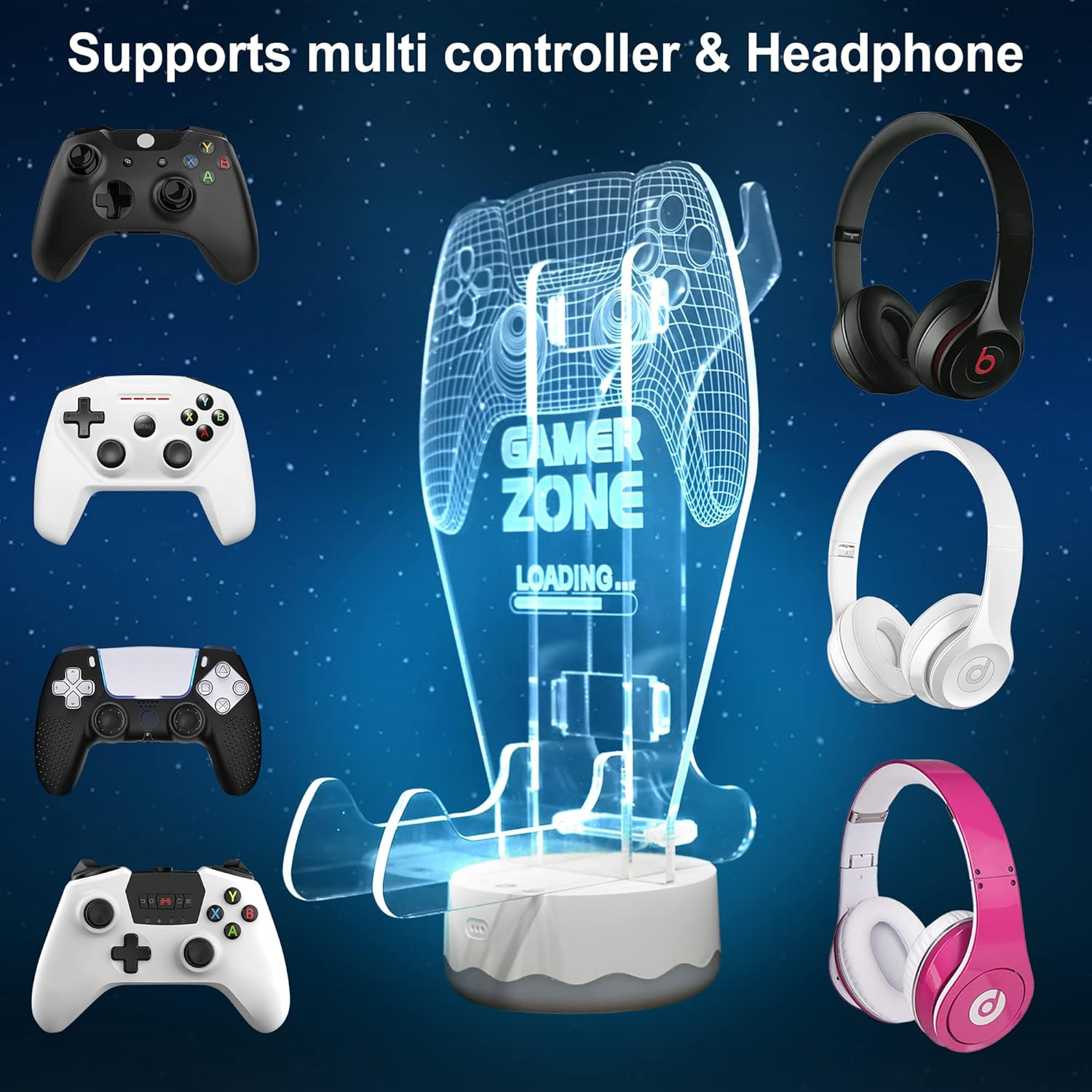 Light up Headphone Controller Holder, 16 Colors 3D LED Lights Gamepad Headset Stand, Game Controller Hanger for All Universal Gaming PC Accessories image number 4
