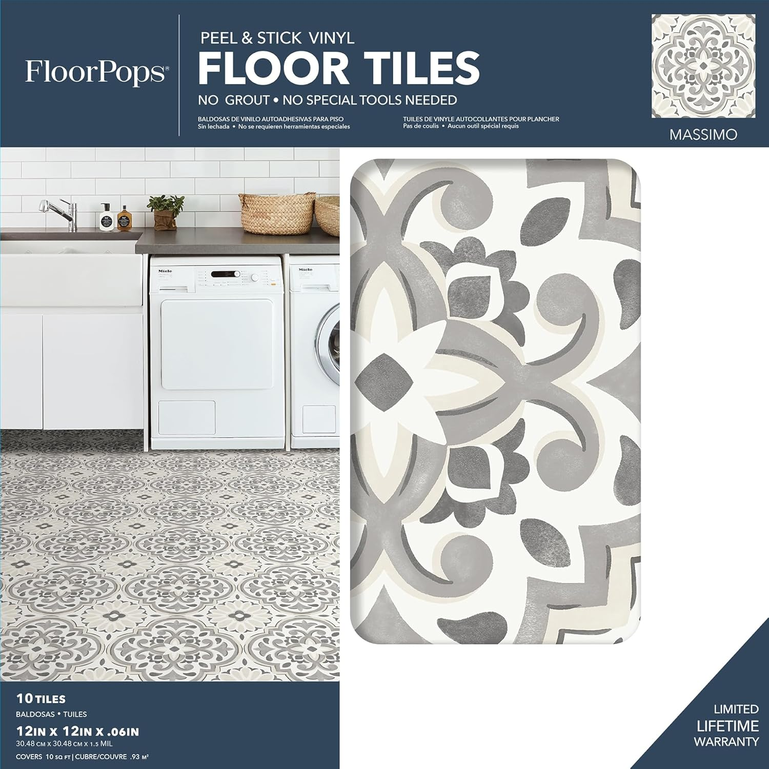 Floorpops Massimo Peel & Stick Floor Tiles, Gray image number 2