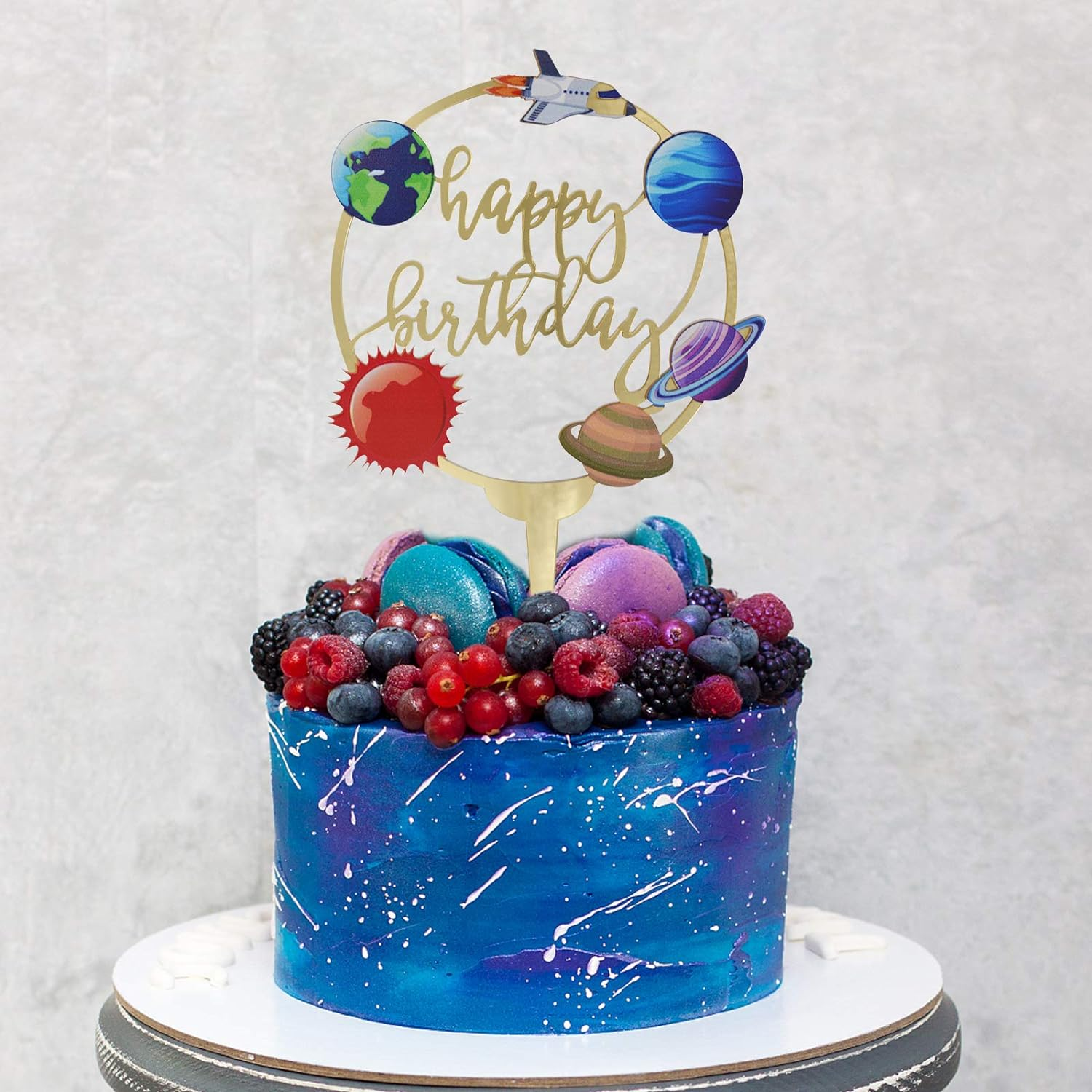 Happy Birthday Acrylic Cake Toppers for Outer Space Theme Birthday Party Decorations, Rocket Galaxy Planet Cake Toppers for Kids (Gold) image number 3