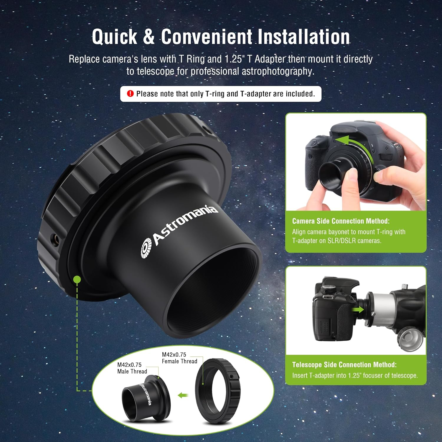 Astromania T-Ring and M42 to 1.25" Telescope Adapter (T-Mount) for Ni Kon SLR/DSLR Cameras image number 3