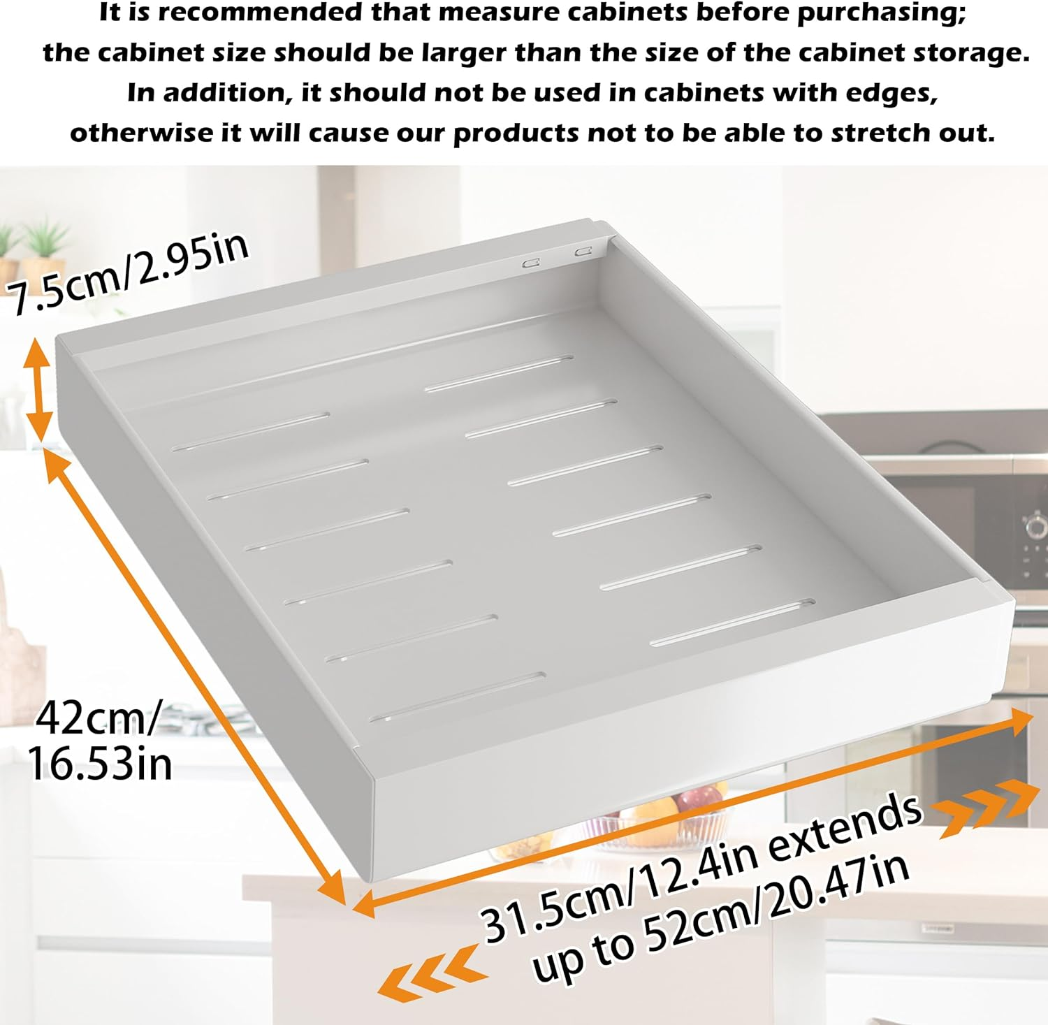 COVAODQ 1 Pack Pull Out Cabinet Organizer Extendable Sliding Slide Out Pantry Shelves Storage No Punch for Kitchen Base Cabinet Organization, Pantry, Bathroom Adjustable Width 12.4" to 20.4" image number 5