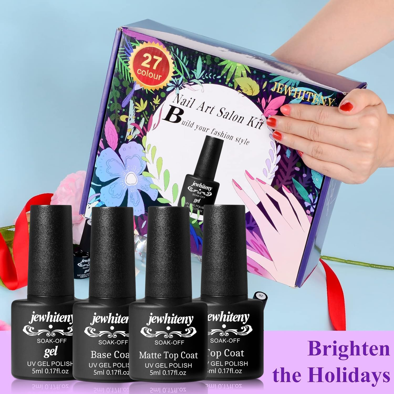 JEWHITENY 30PCS Nail Polish Kit 27 Colors Green Blue Pink Orange Gitter Sock off Gel Polish with Matte& Glossy Top Base Coat for DIY Nail Art Manucure at Home Salon image number 2