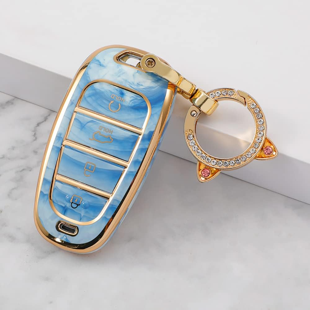 Ontto Tie-Dye TPU Car Key Fob Cover Fit for Hyundai Santa Fe Tucson 2022 Nexo NX4 Atos Prime Solaris 2021 4 Buttons Key Case Keyring Keychain Key Holder Key Shell Bag Accessories Blue